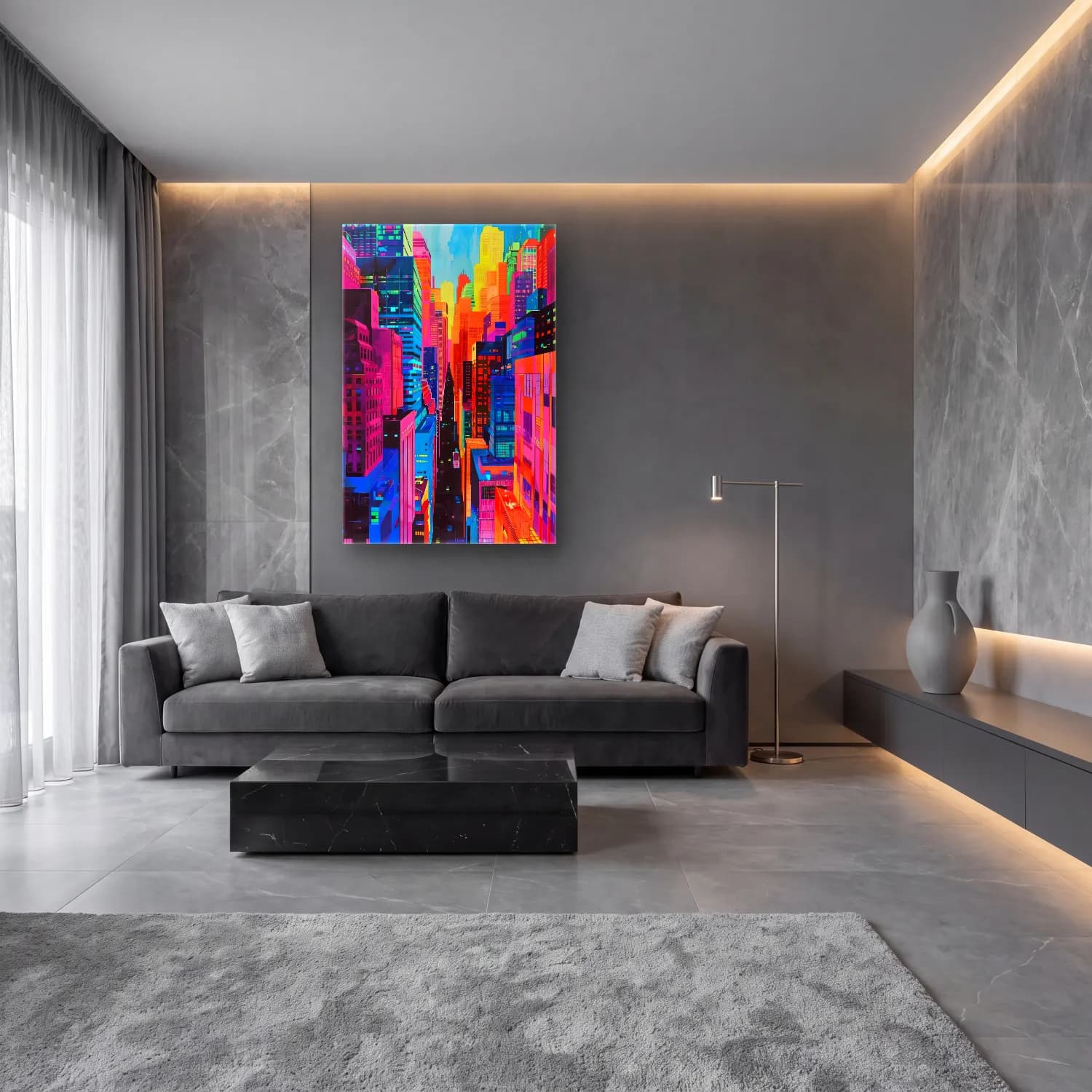 Maksimalist Gece Şehir No. 13 cam tablo — lüks salon duvarında