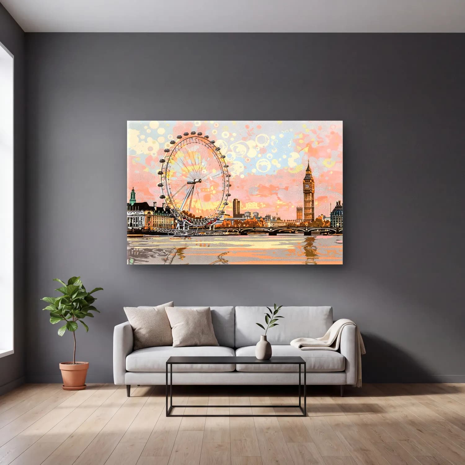 Pastel Londra cam tablo — gri duvarlı salonda