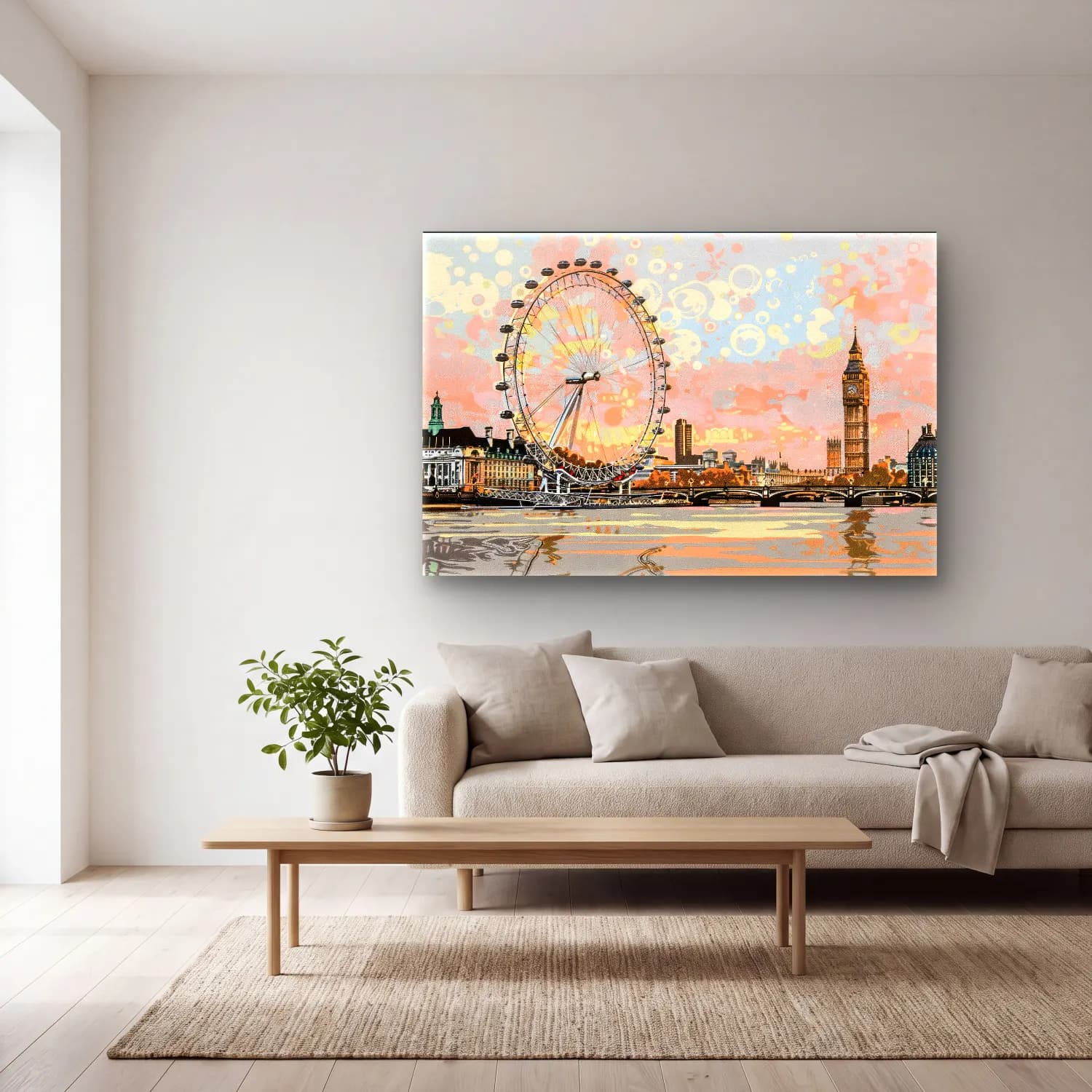 Pastel Londra cam tablo — açık renk salonda