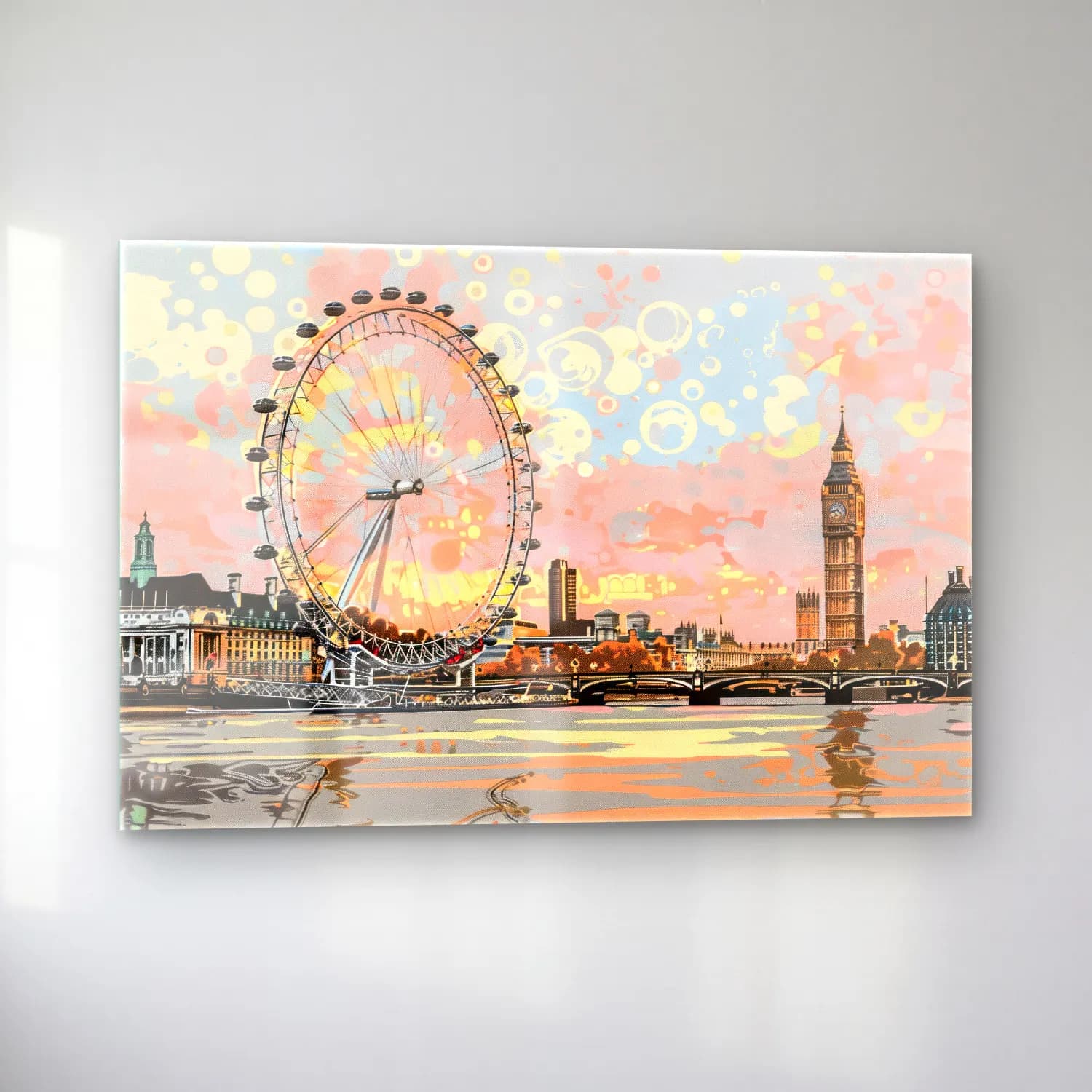 Pastel Londra cam tablo — sol açıdan görünüm