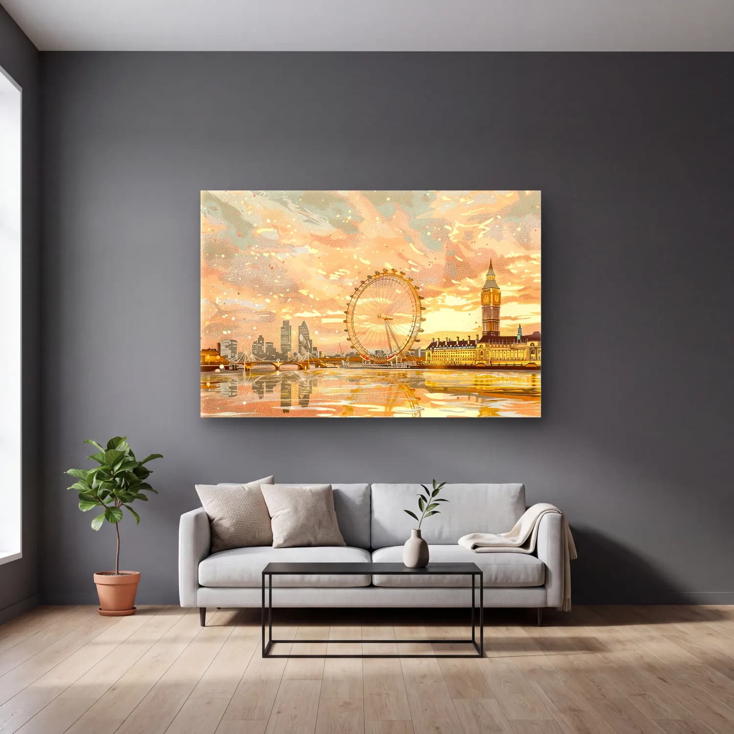 Pastel Londra – Bej Tonlar cam tablo — gri duvarlı salonda