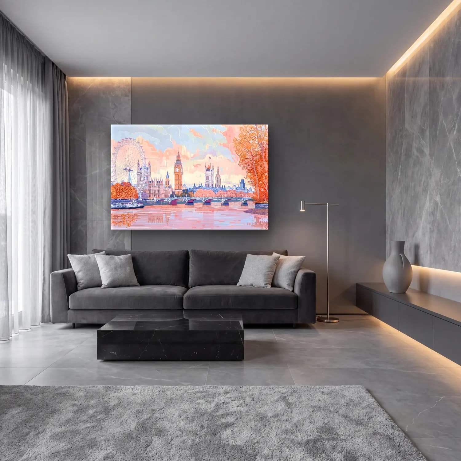 Pastel Londra – Pembe Tonlar cam tablo — lüks salon duvarında