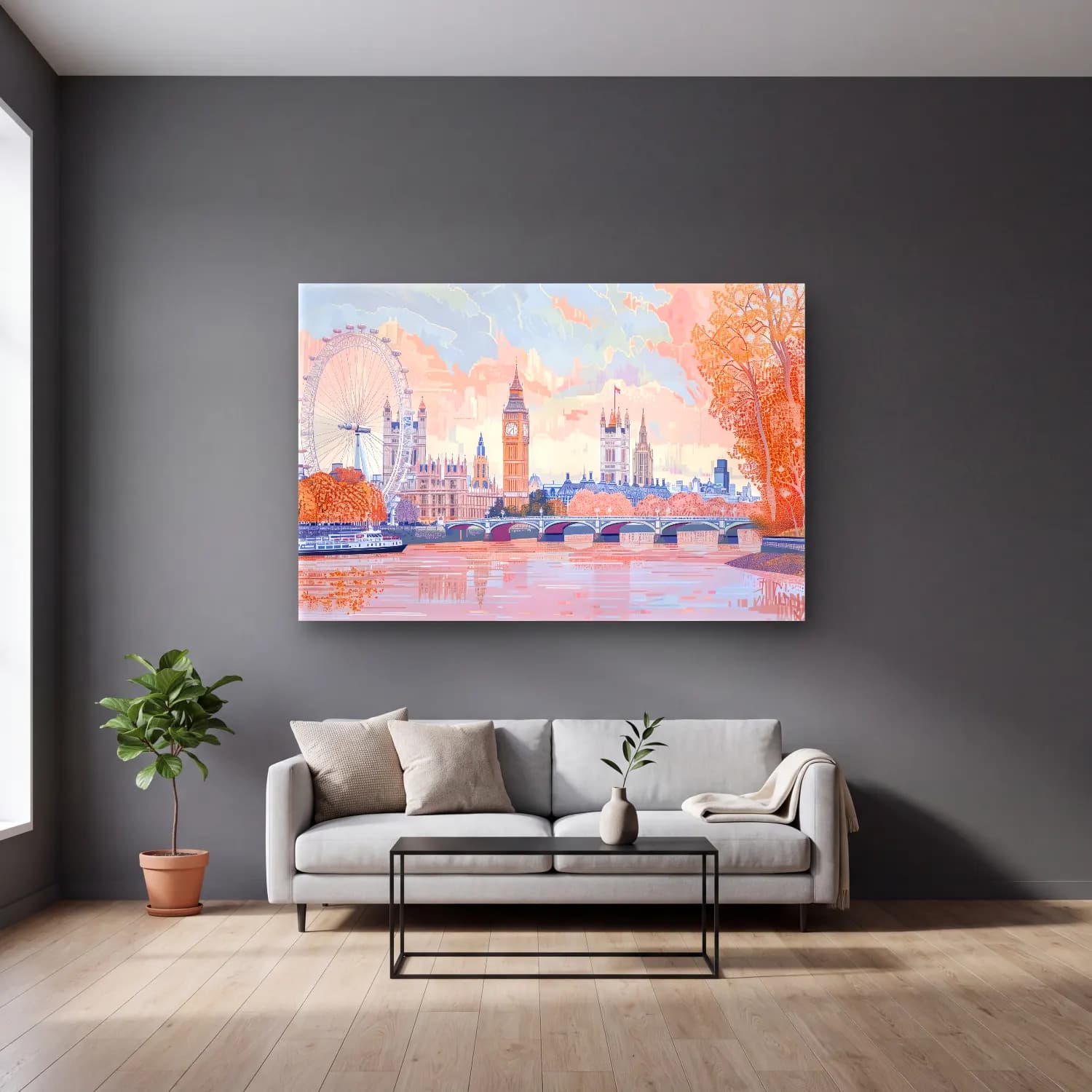 Pastel Londra – Pembe Tonlar cam tablo — gri duvarlı salonda