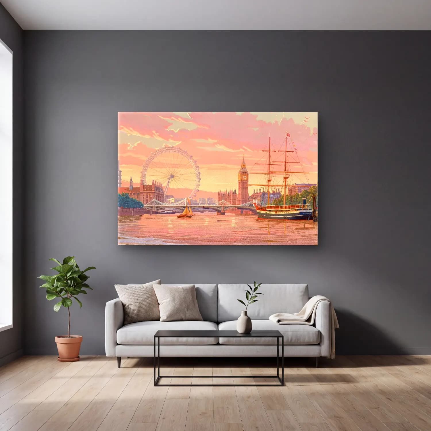 Pastel Londra No. 5 cam tablo — gri duvarlı salonda