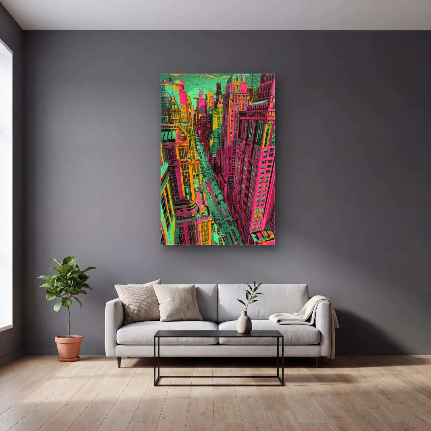 Pop Art Japon Şehri – Pembe Tonlar cam tablo — gri duvarlı salonda