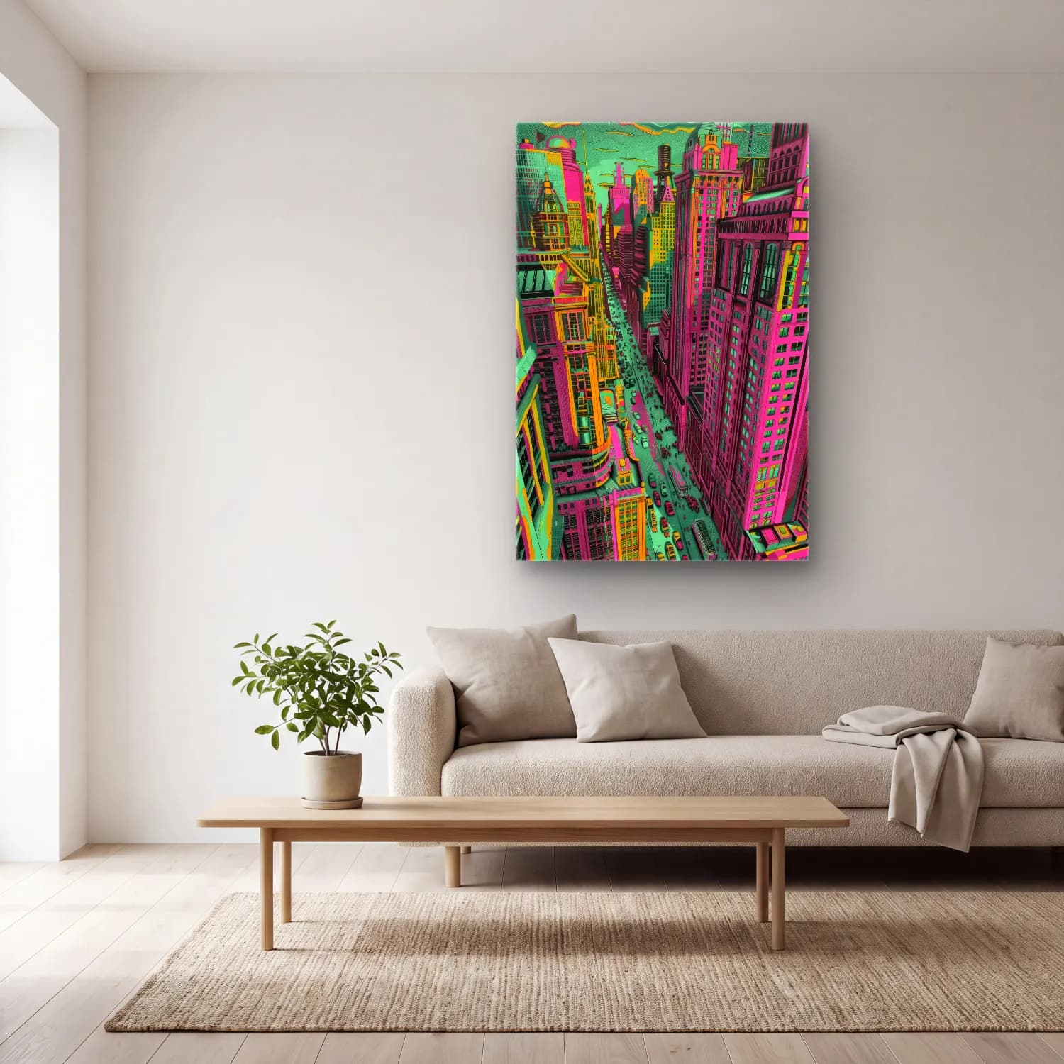 Pop Art Japon Şehri – Pembe Tonlar cam tablo — açık renk salonda