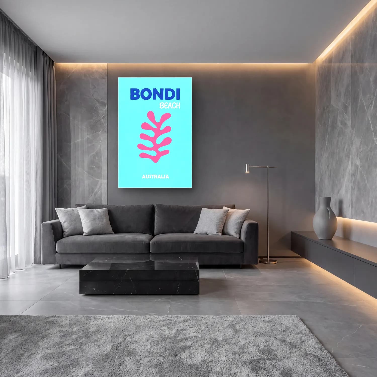 Pastel Dalgalı Sahil – Pembe Tonlar cam tablo — lüks salon duvarında