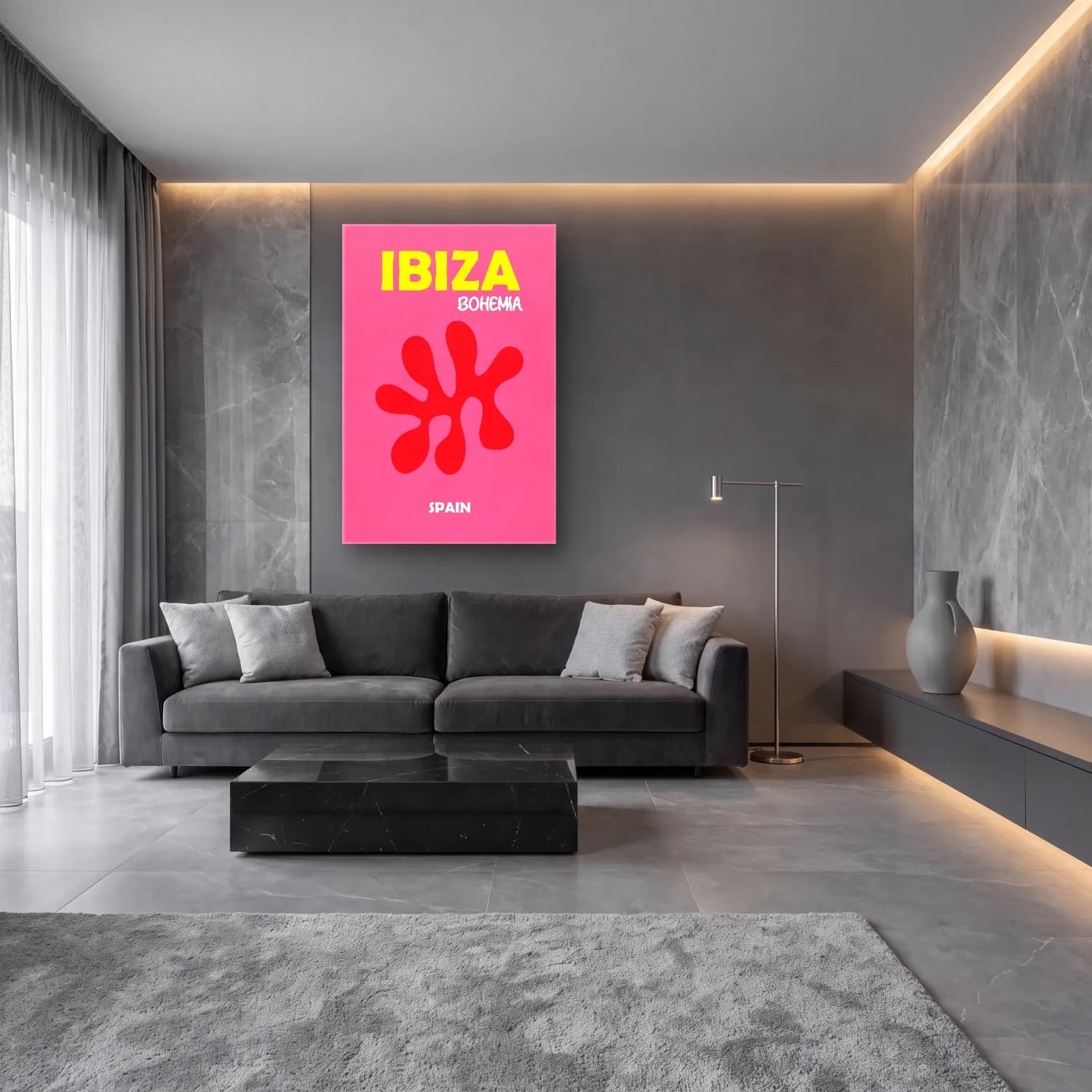 Boho Yazılı Tasarım – Pembe Tonlar cam tablo — lüks salon duvarında