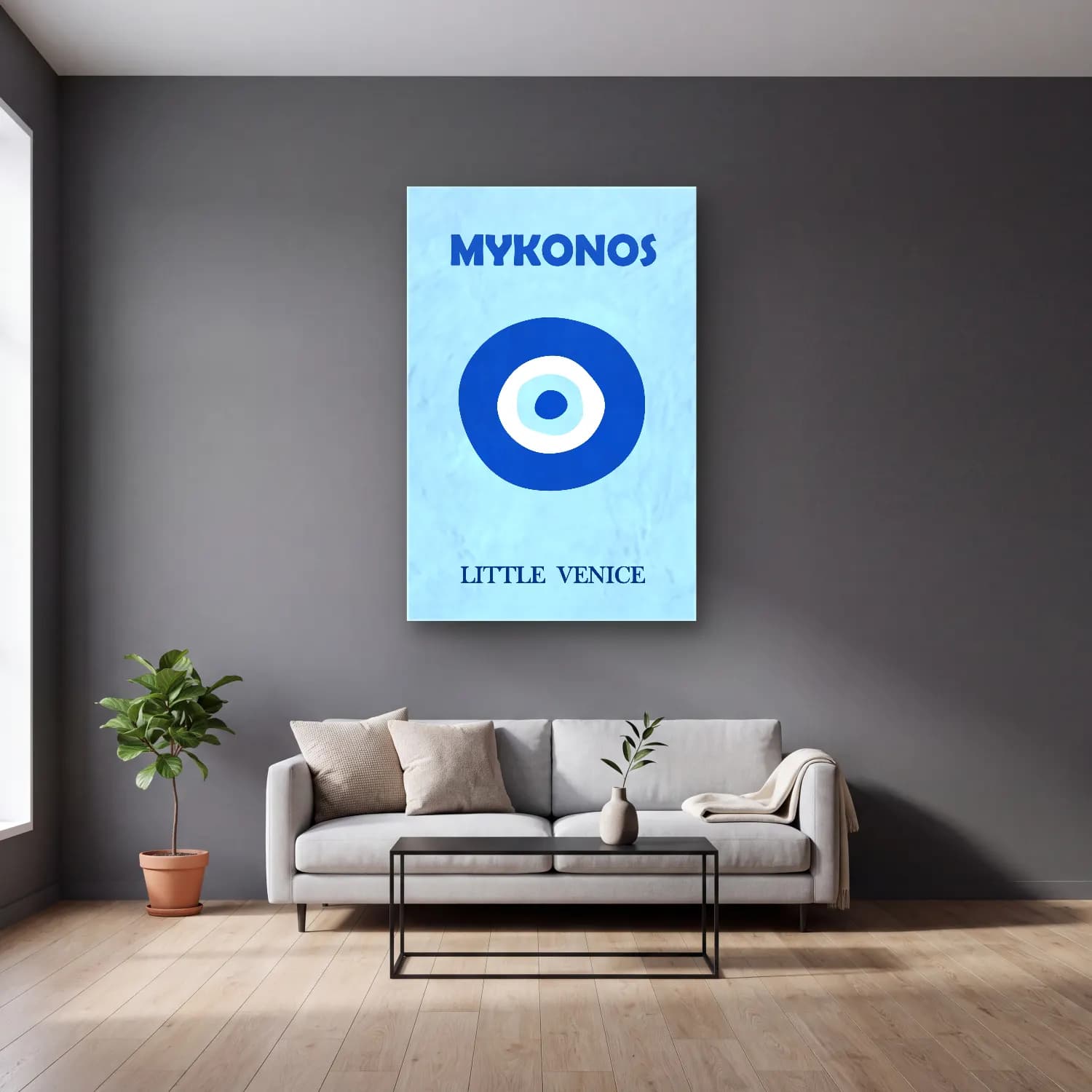 Bauhaus Yazılı Tasarım No. 6 cam tablo — gri duvarlı salonda