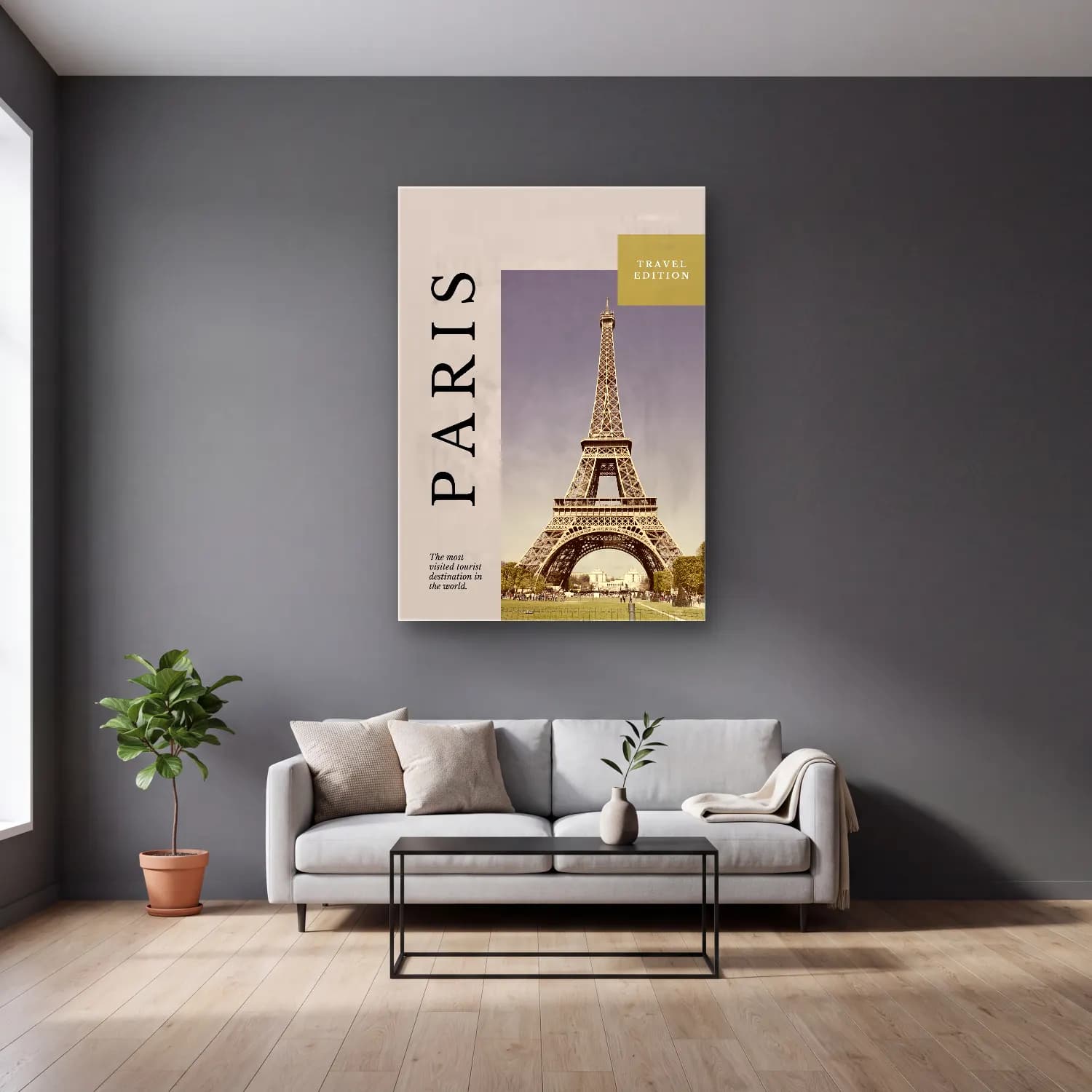 Vintage Poster Paris ve Eyfel Kulesi – Bej Tonlar cam tablo — gri duvarlı salonda