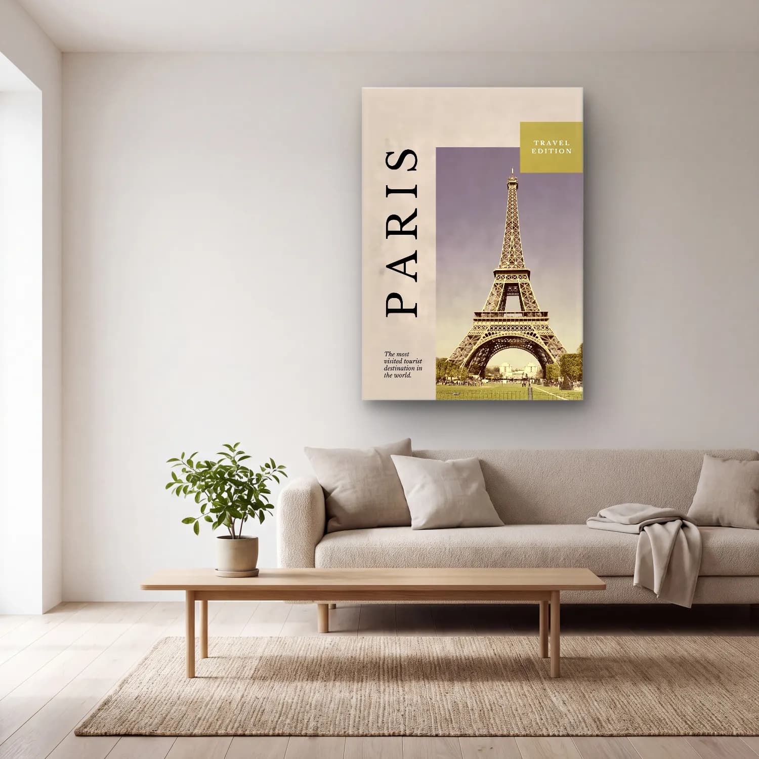 Vintage Poster Paris ve Eyfel Kulesi – Bej Tonlar cam tablo — açık renk salonda