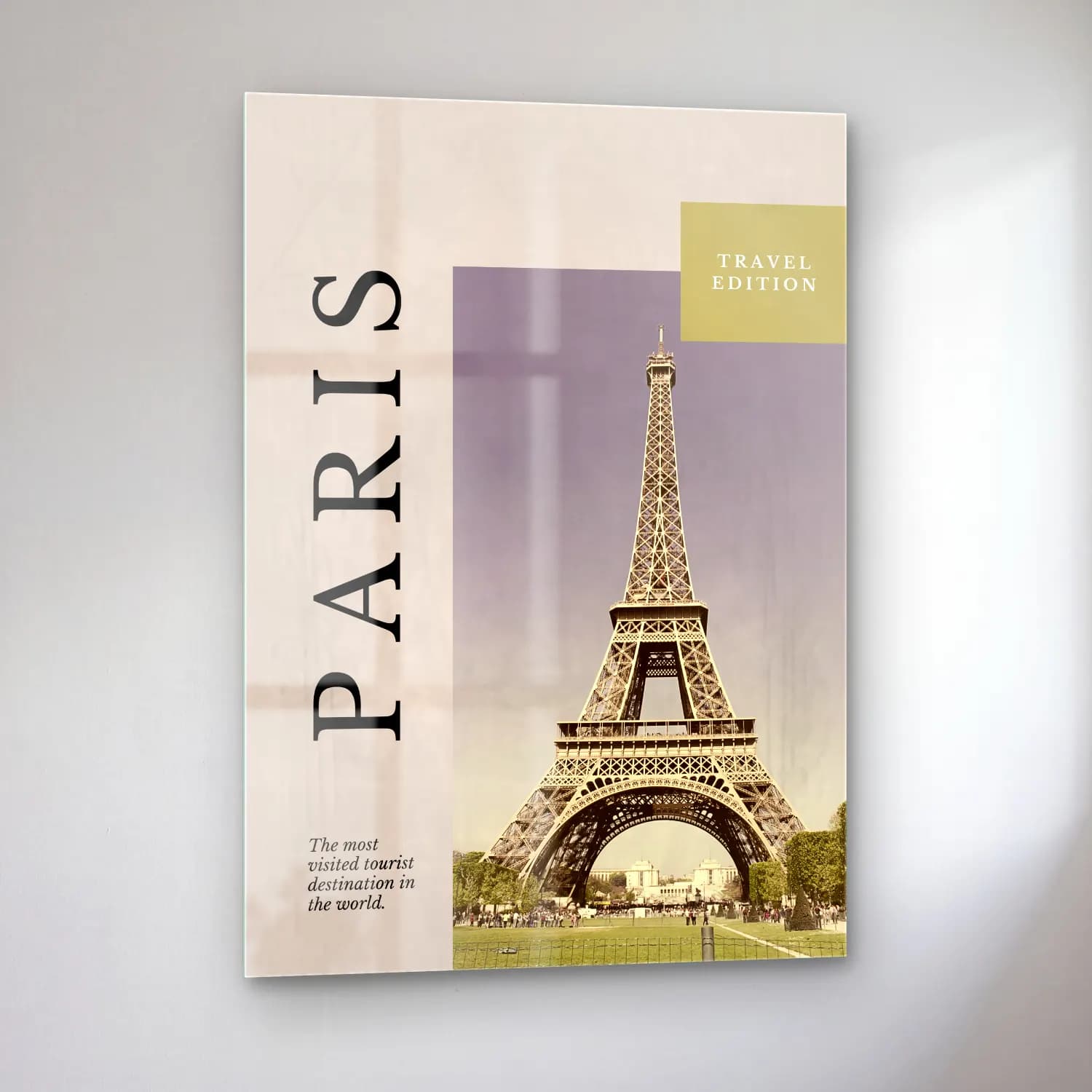 Vintage Poster Paris ve Eyfel Kulesi – Bej Tonlar cam tablo — sol açıdan görünüm