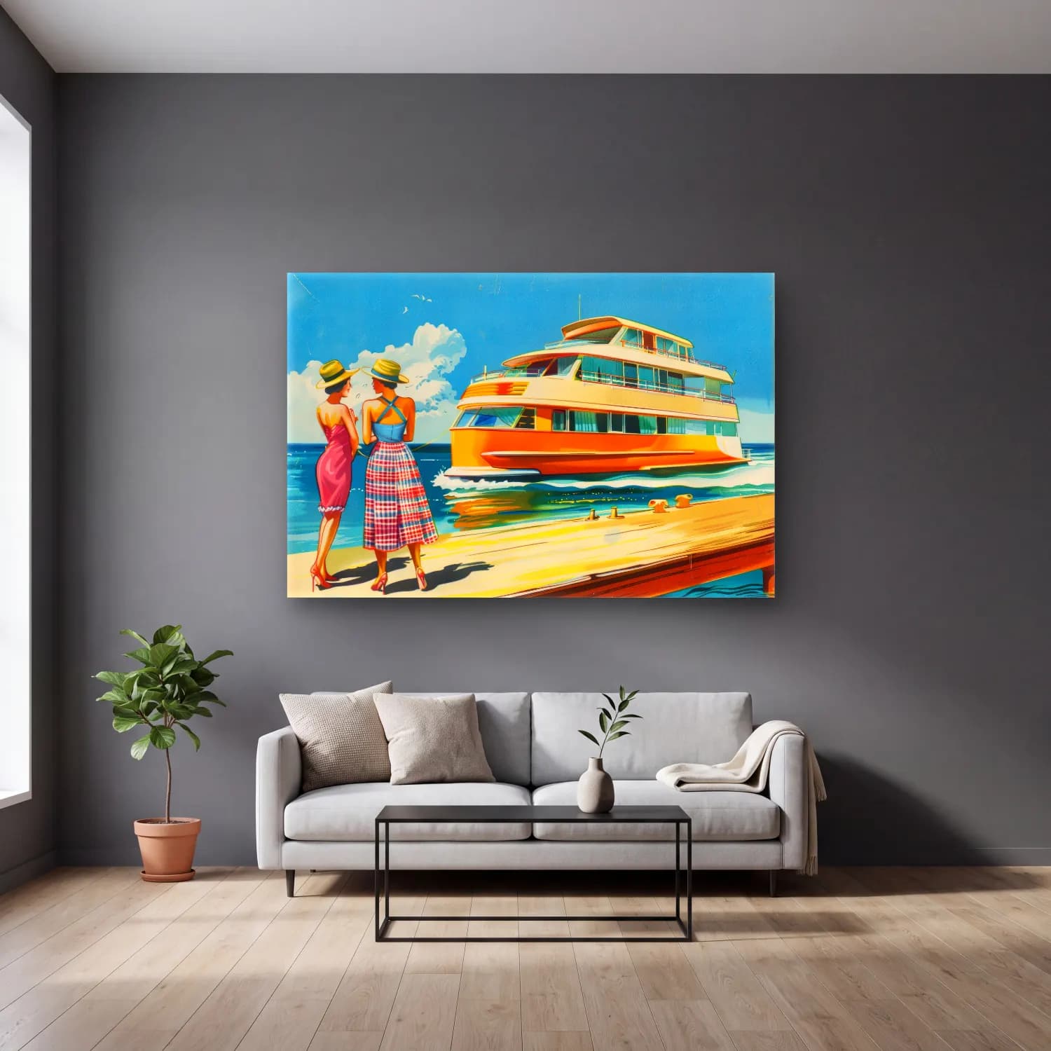 Vintage Poster Elbiseli Kadın No. 12 cam tablo — gri duvarlı salonda