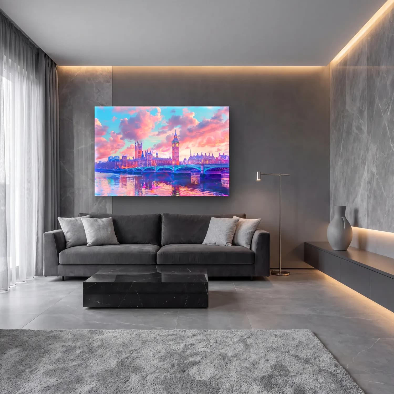 Pastel Londra No. 6 cam tablo — lüks salon duvarında
