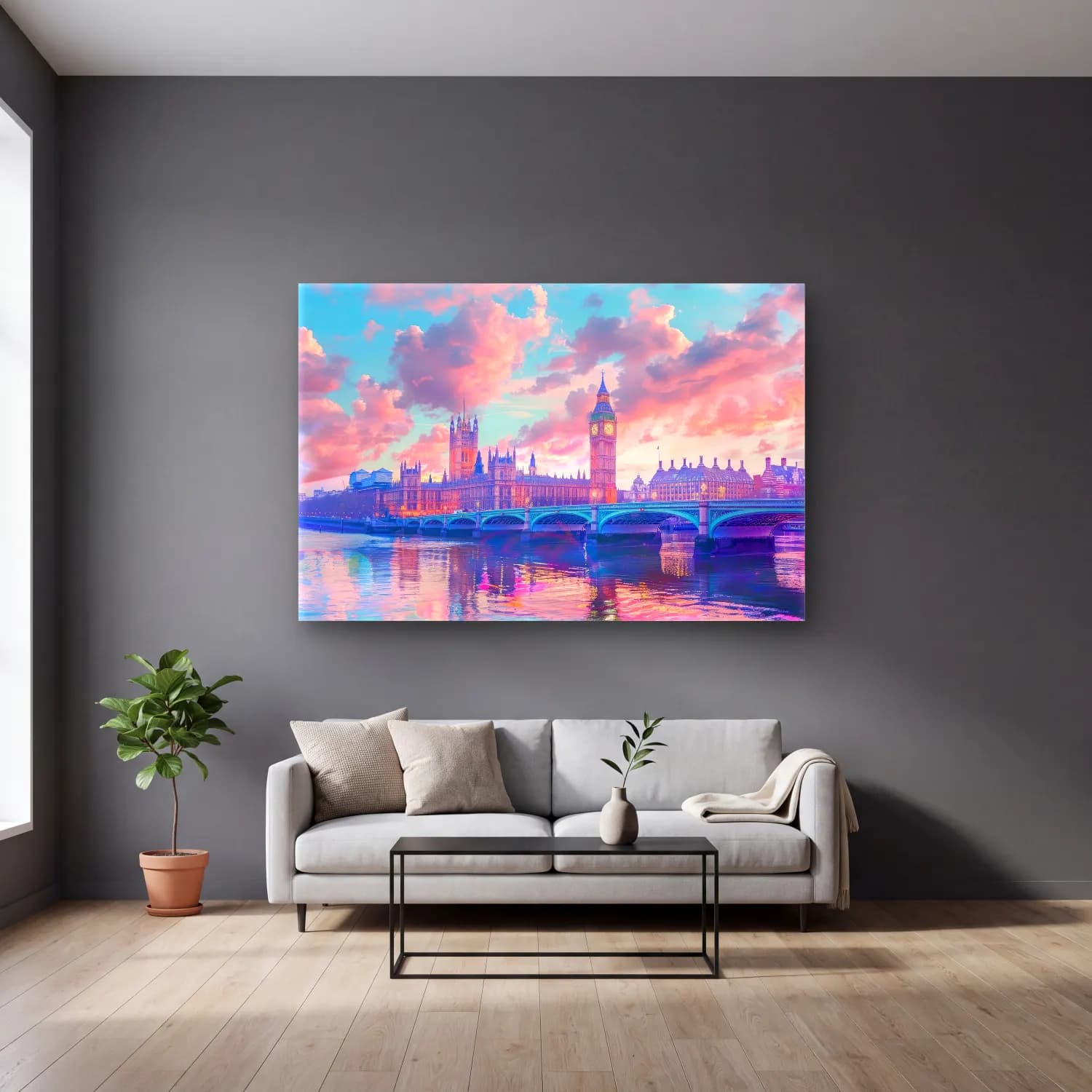 Pastel Londra No. 6 cam tablo — gri duvarlı salonda