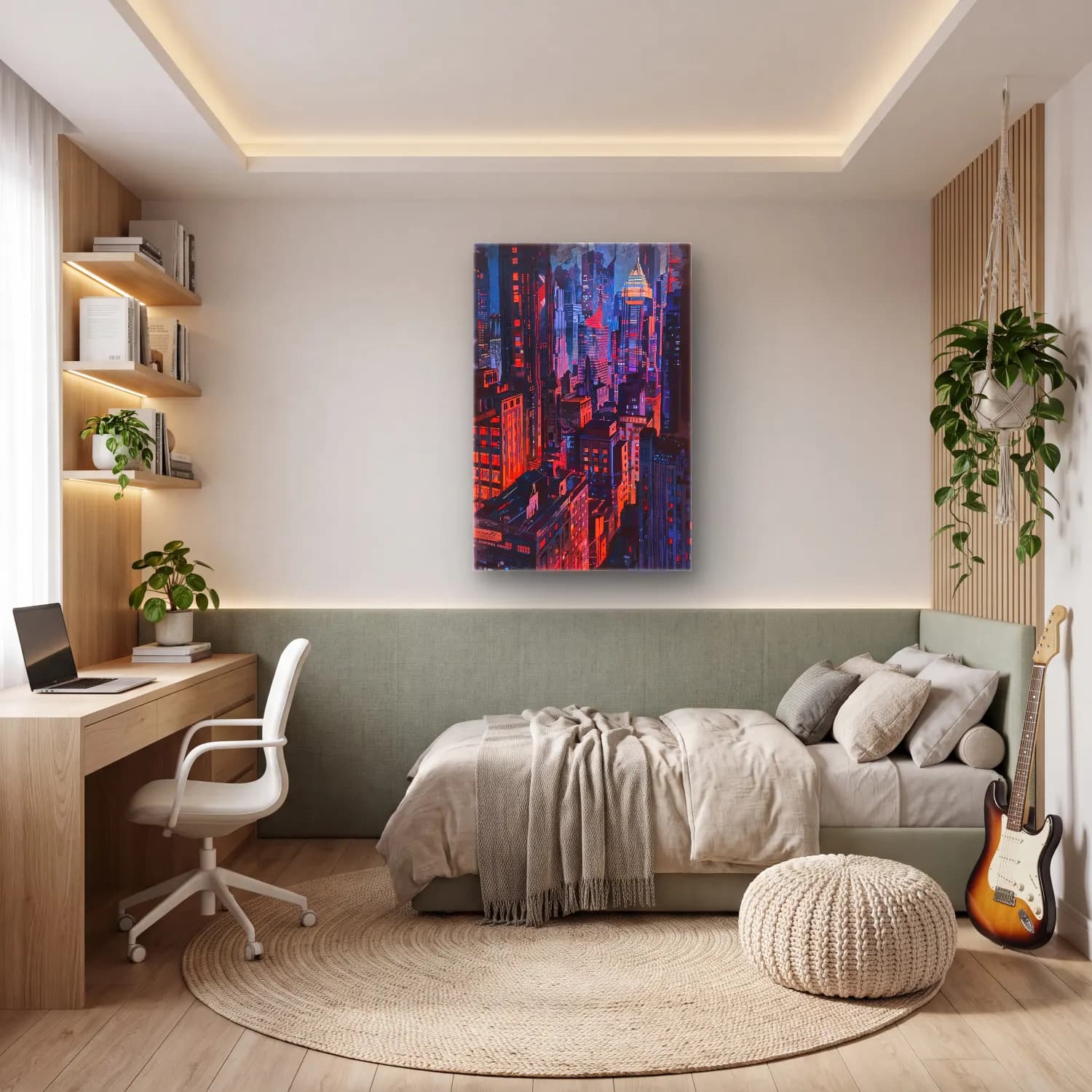 Modern Soyut Gece Şehir – Turuncu Tonlar cam tablo — genç odasında