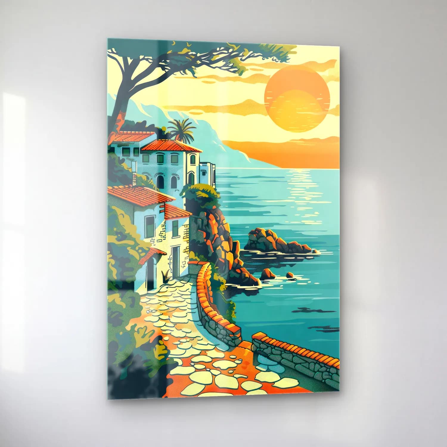 Vintage Akdeniz Sahil Kasabası No. 8 cam tablo — sol açıdan görünüm