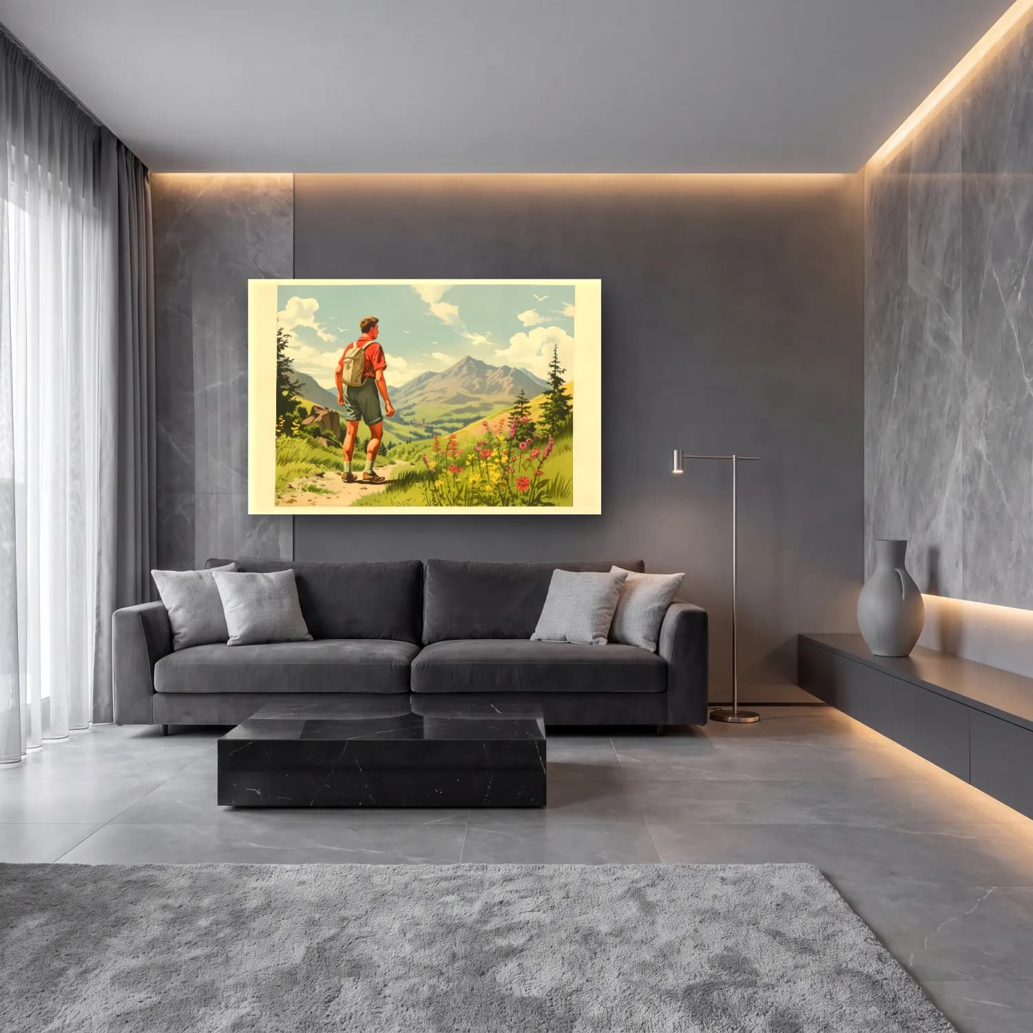 Vintage Dağ Manzarası No. 17 cam tablo — lüks salon duvarında