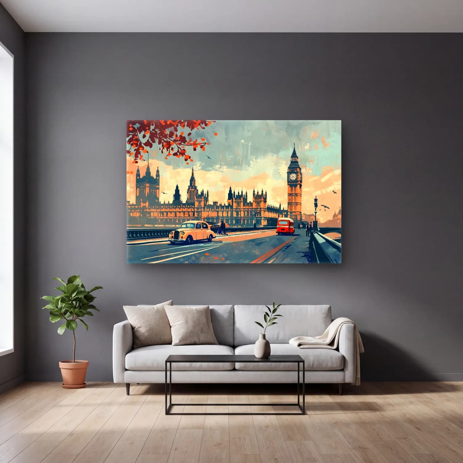 Vintage Londra No. 7 cam tablo — gri duvarlı salonda