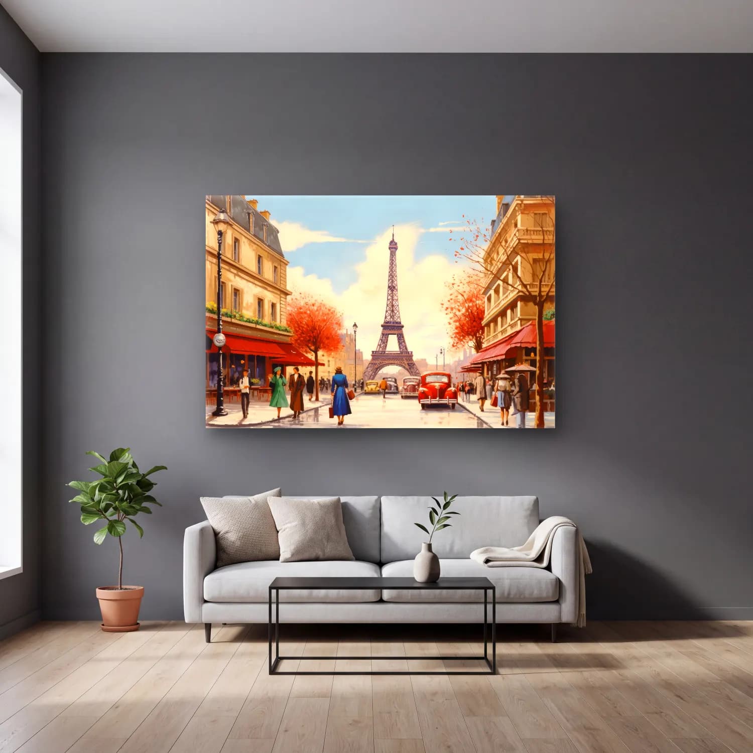Vintage Paris ve Eyfel Kulesi No. 4 cam tablo — gri duvarlı salonda