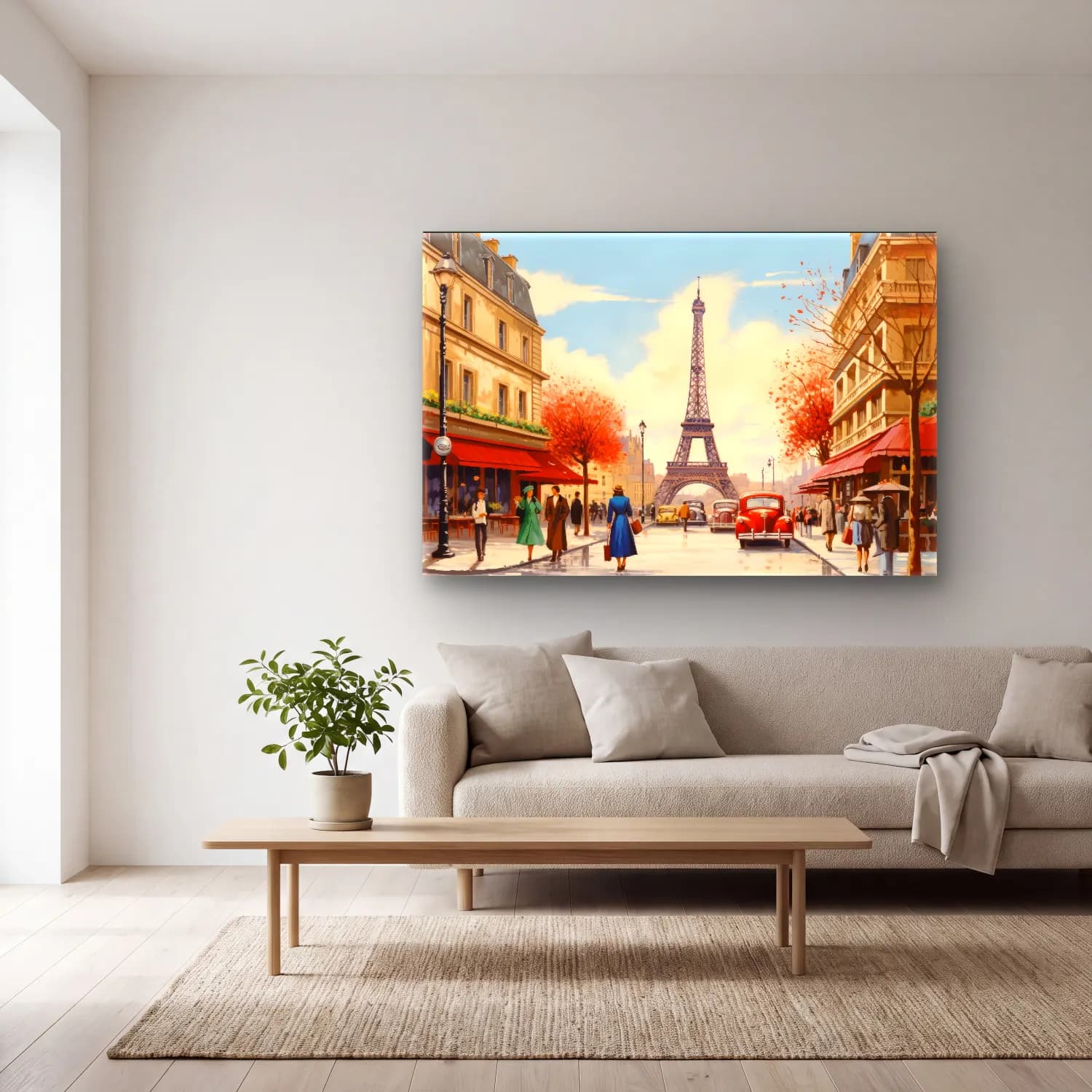 Vintage Paris ve Eyfel Kulesi No. 4 cam tablo — açık renk salonda