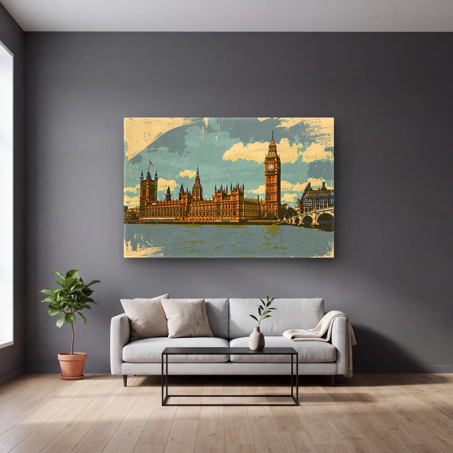 Vintage Londra No. 9 cam tablo — gri duvarlı salonda