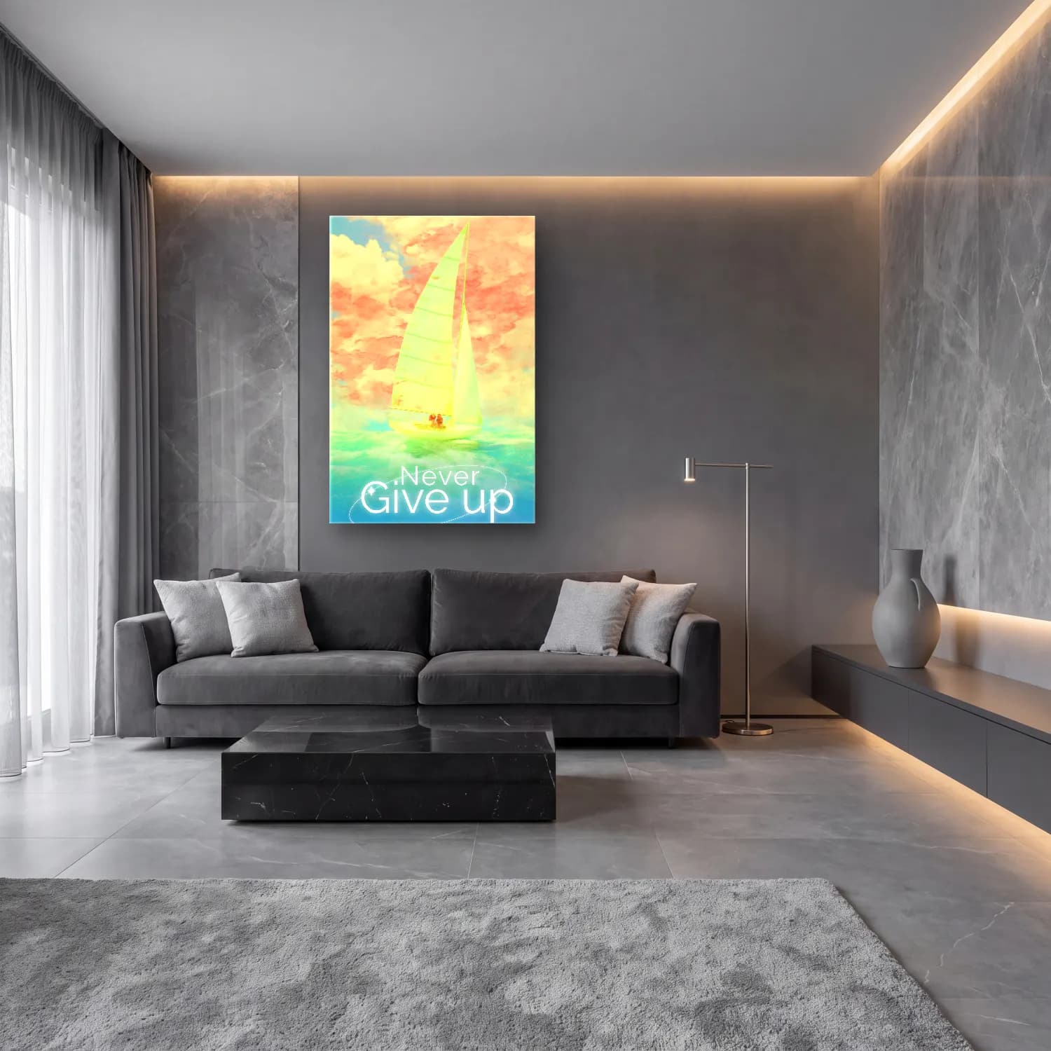 Pastel Yelken Yarışı No. 6 cam tablo — lüks salon duvarında