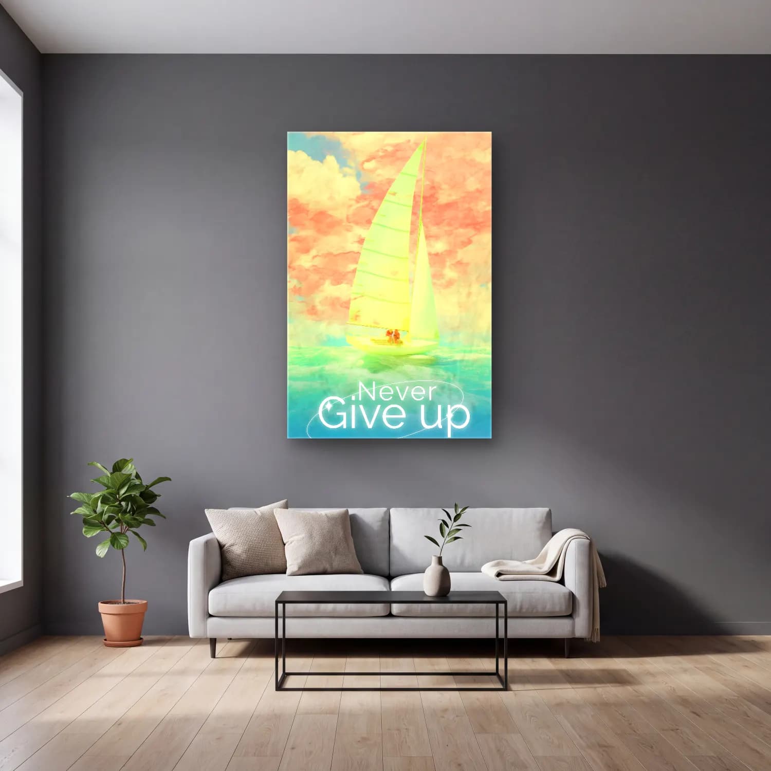 Pastel Yelken Yarışı No. 6 cam tablo — gri duvarlı salonda
