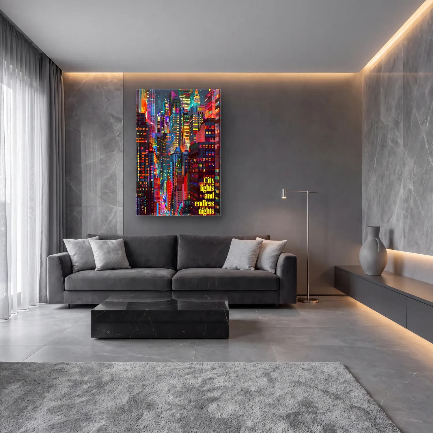 Pop Art Gece Şehir – Turuncu Tonlar cam tablo — lüks salon duvarında