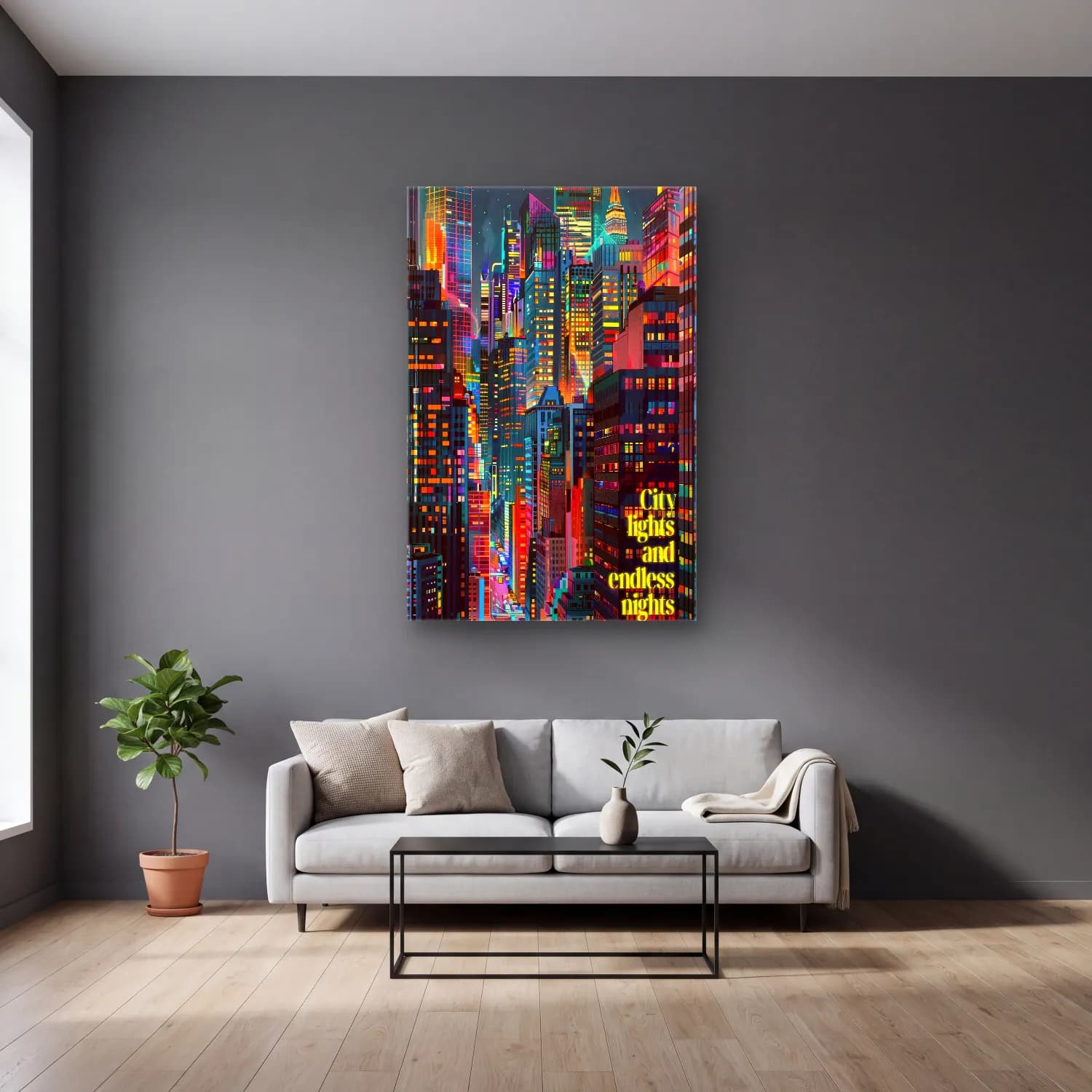 Pop Art Gece Şehir – Turuncu Tonlar cam tablo — gri duvarlı salonda