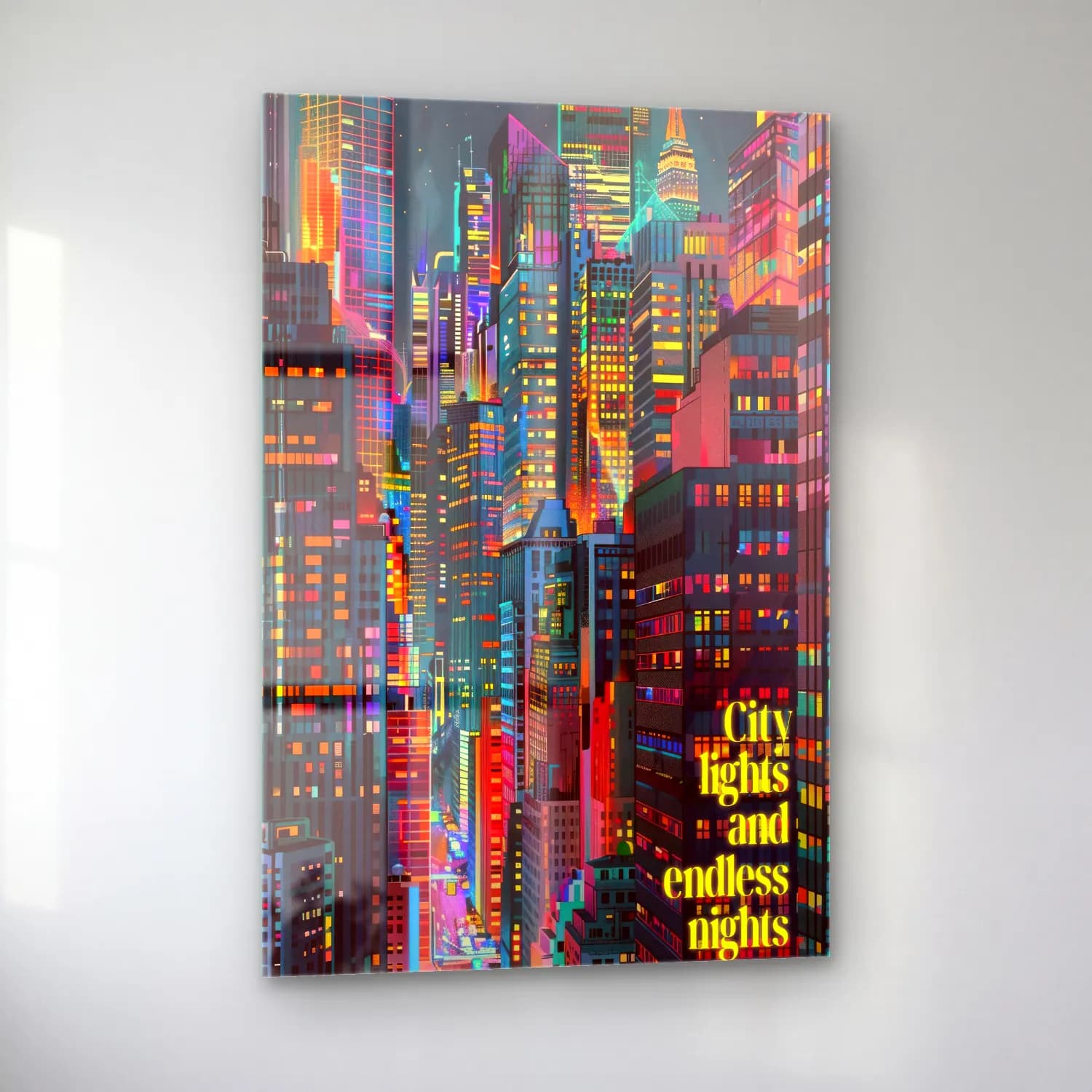 Pop Art Gece Şehir – Turuncu Tonlar cam tablo — sol açıdan görünüm