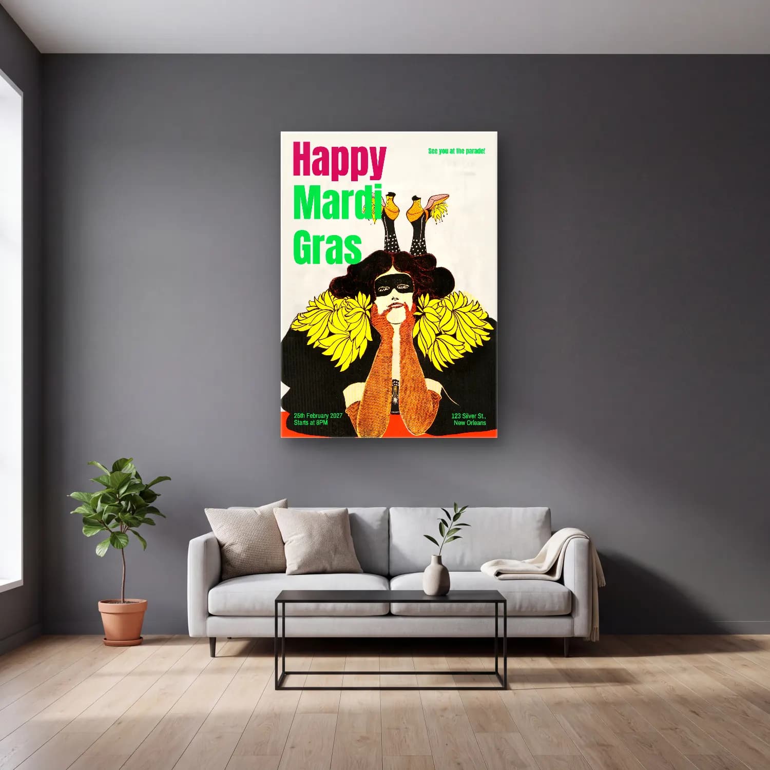 Vintage Poster Şapkalı Kadın – Sarı Tonlar cam tablo — gri duvarlı salonda