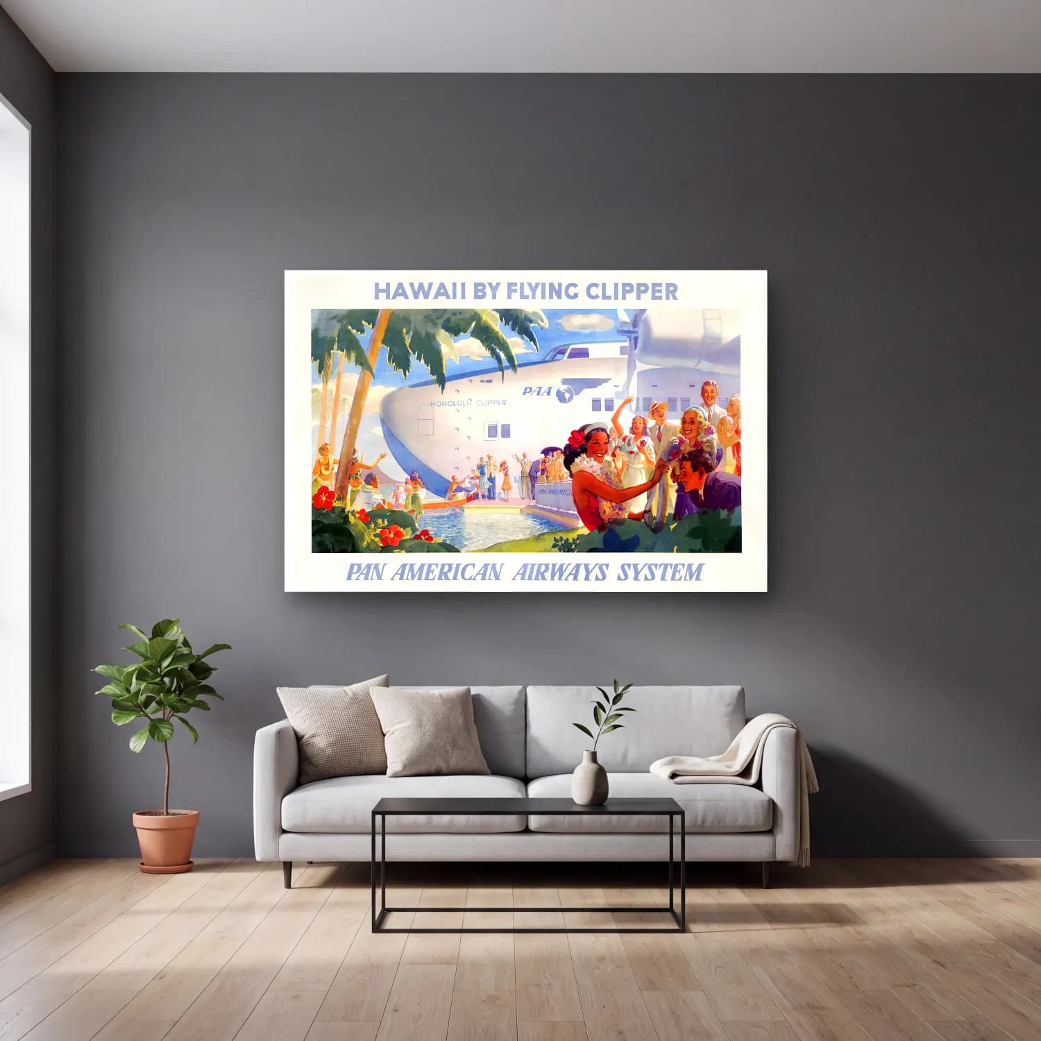 Vintage Poster Uçak – Sarı Tonlar cam tablo — gri duvarlı salonda