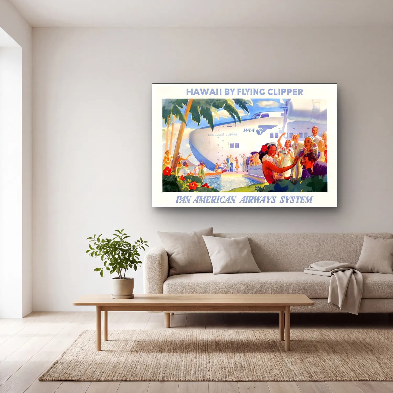 Vintage Poster Uçak – Sarı Tonlar cam tablo — açık renk salonda