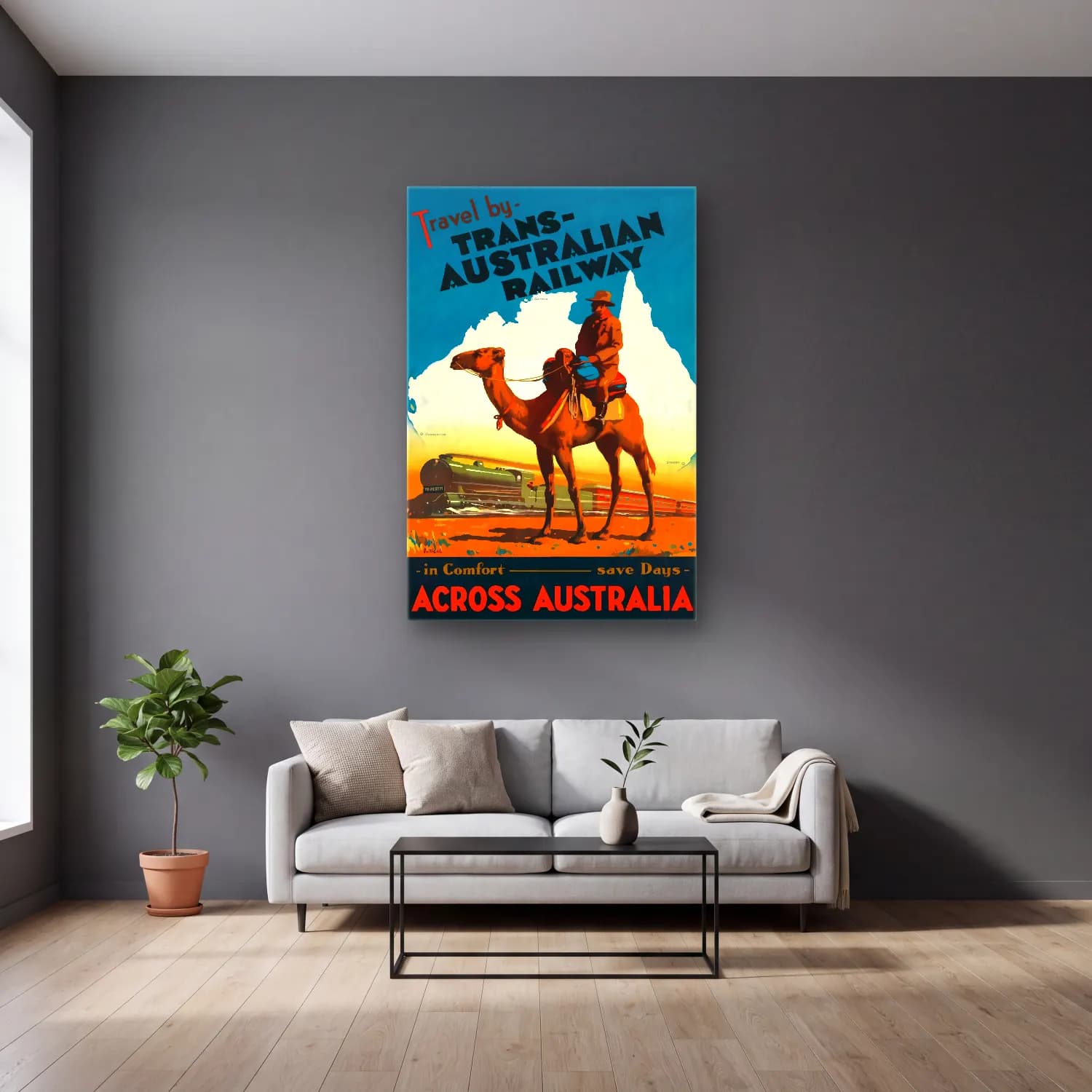 Vintage Poster Tren No. 8 cam tablo — gri duvarlı salonda