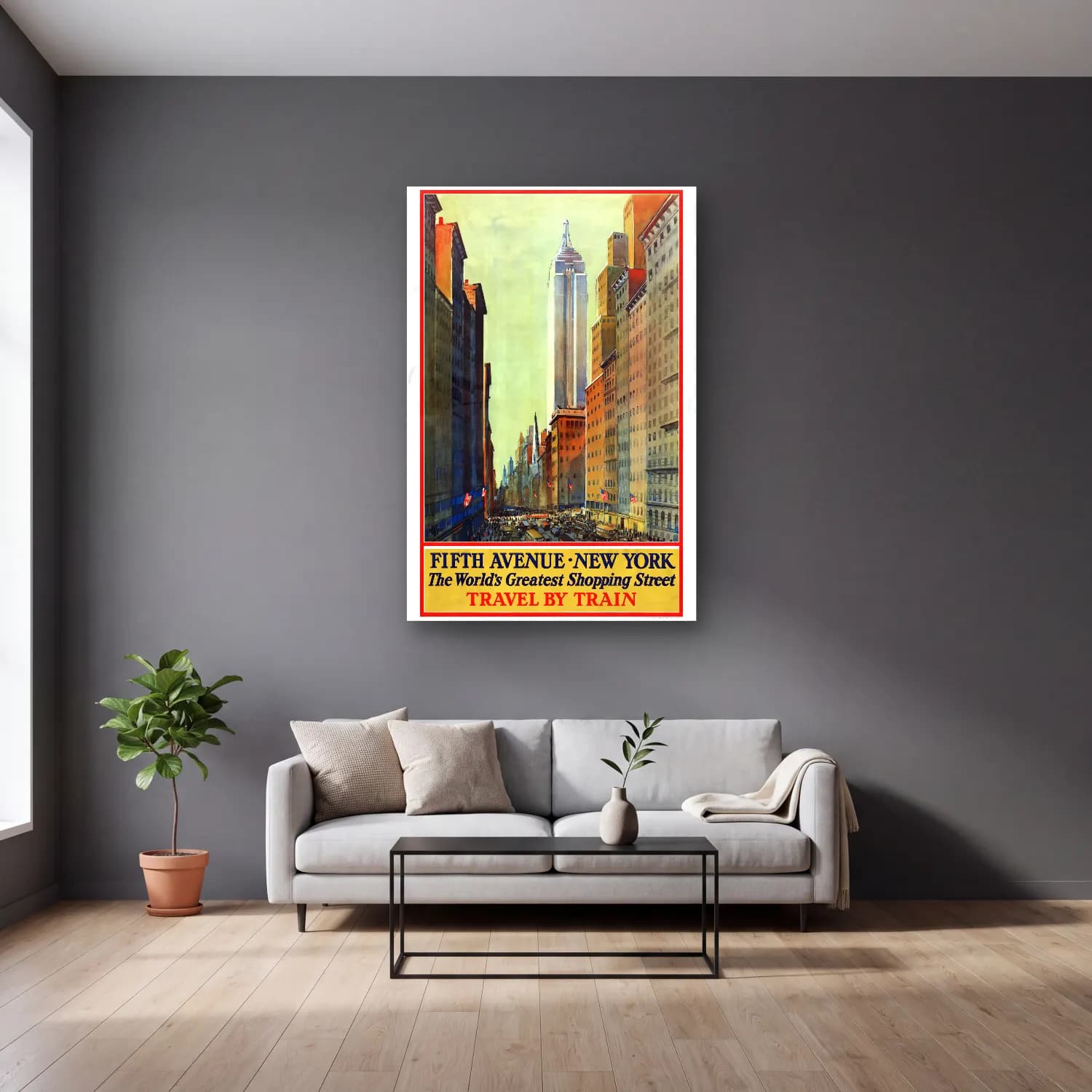 Vintage Poster Kalabalık Cadde No. 12 cam tablo — gri duvarlı salonda
