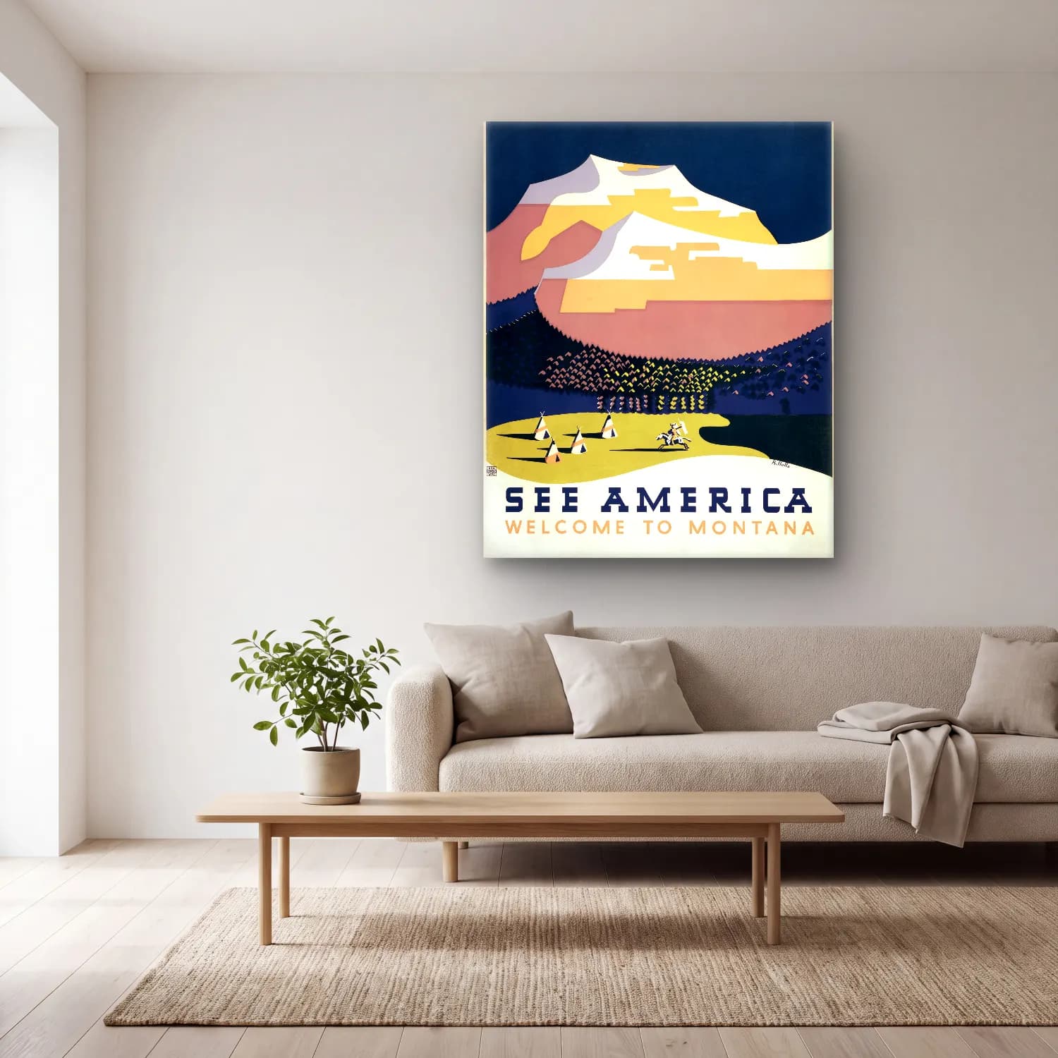 Vintage Poster Dağ Manzarası – Sarı Tonlar cam tablo — açık renk salonda