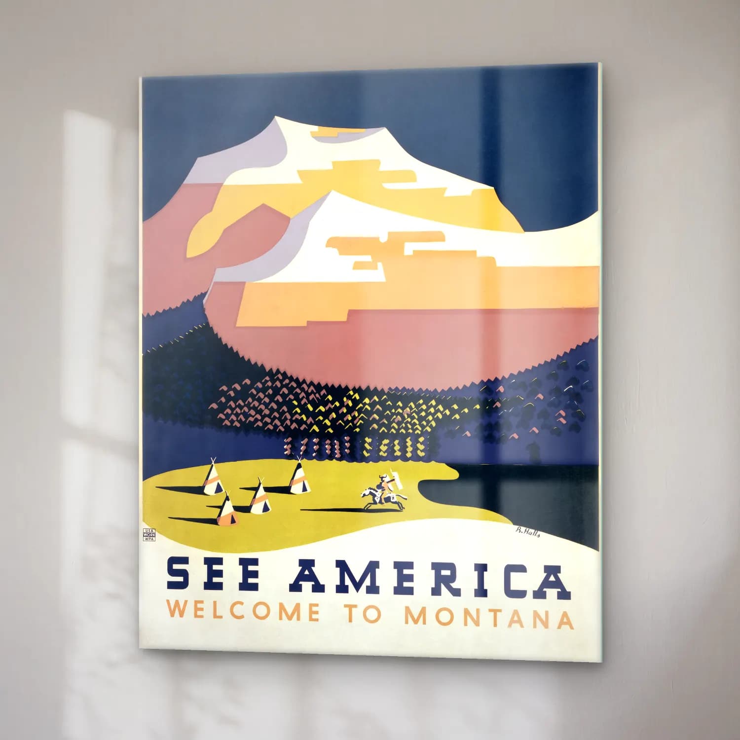 Vintage Poster Dağ Manzarası – Sarı Tonlar cam tablo — sağ açıdan görünüm