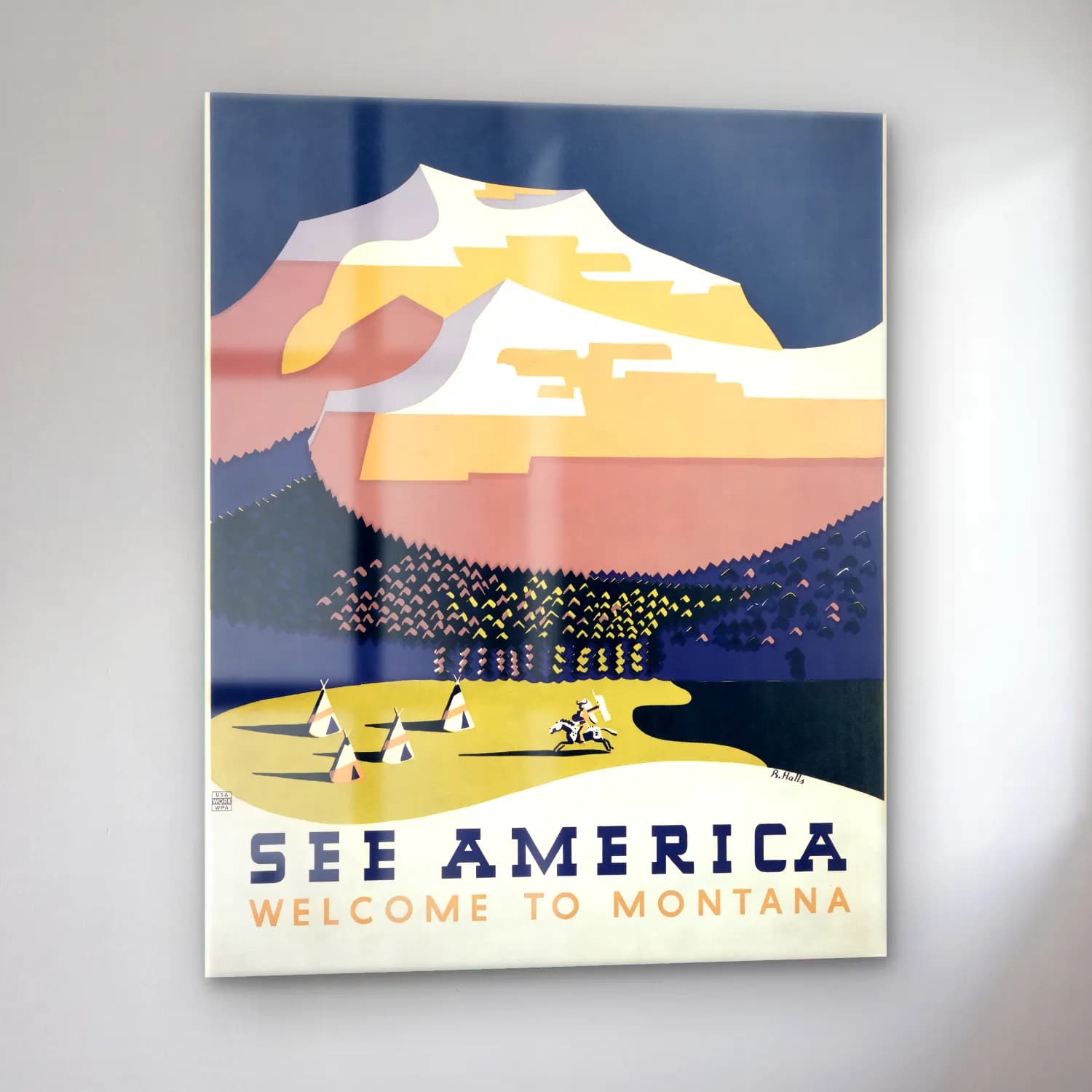 Vintage Poster Dağ Manzarası – Sarı Tonlar cam tablo — sol açıdan görünüm