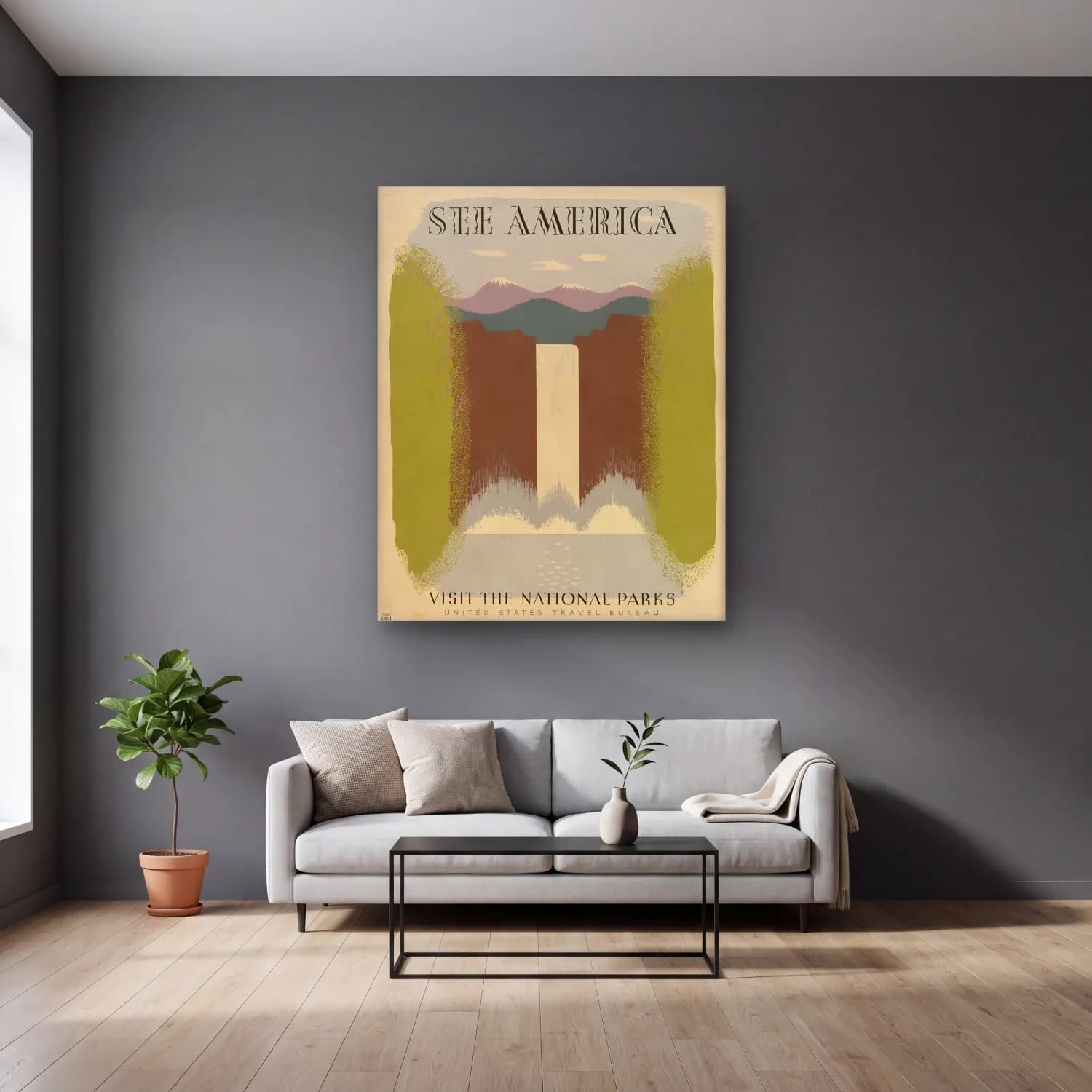 Vintage Poster Şelale No. 4 cam tablo — gri duvarlı salonda