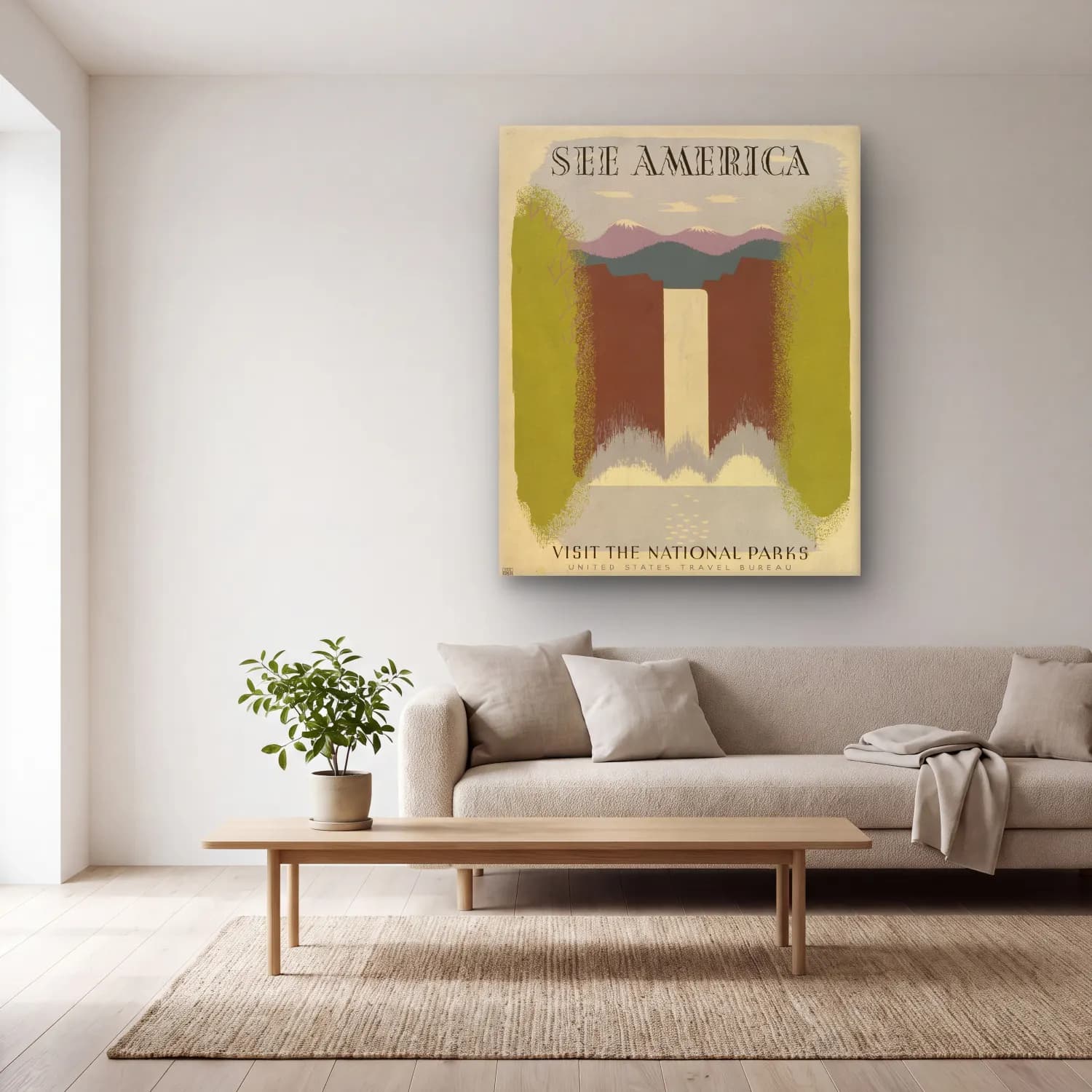 Vintage Poster Şelale No. 4 cam tablo — açık renk salonda