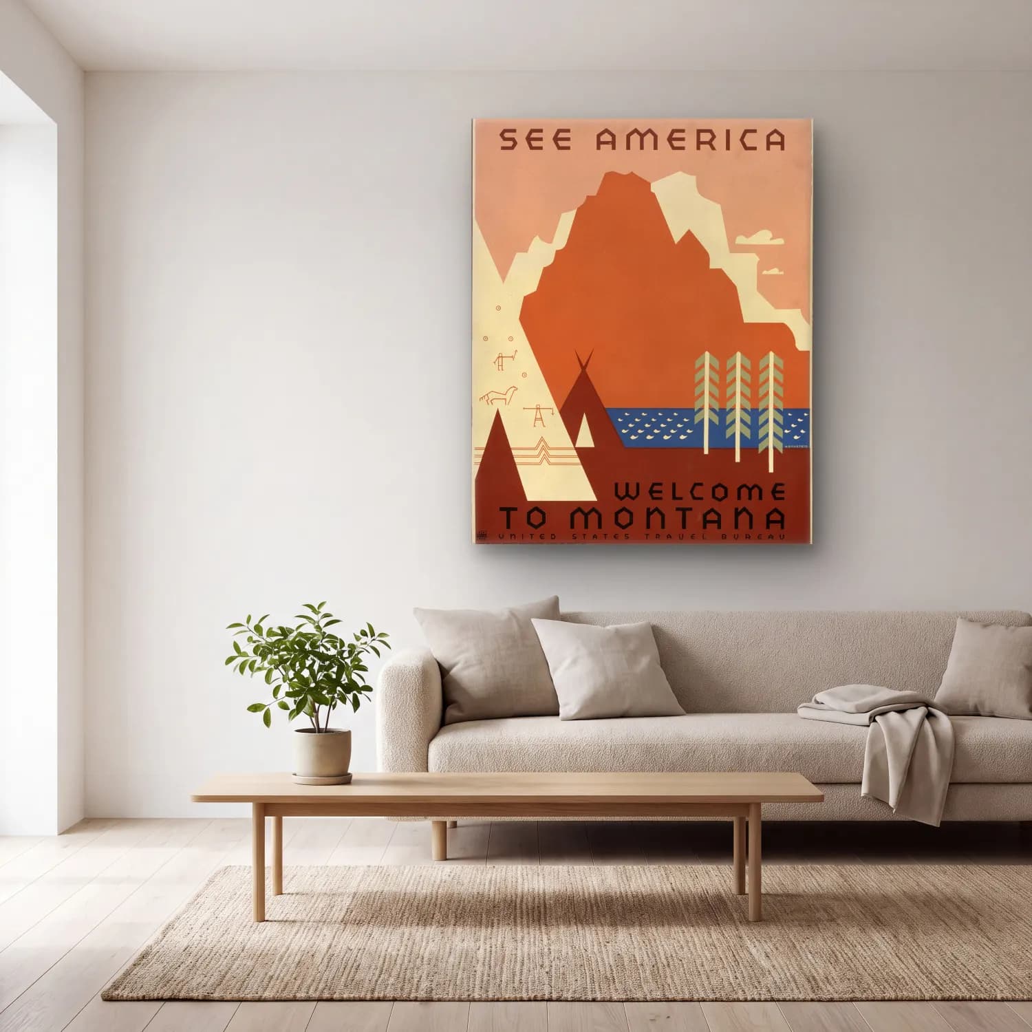 Vintage Poster Göl ve Dağlar – Bej Tonlar cam tablo — açık renk salonda