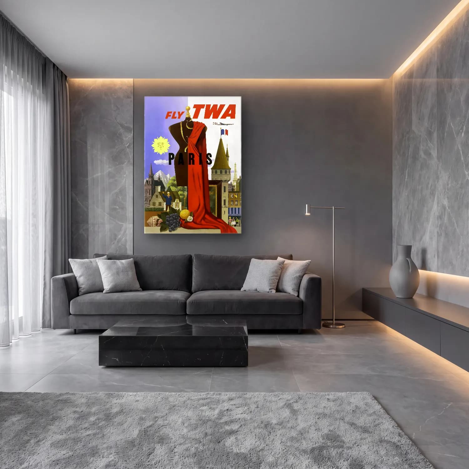 Vintage Poster Paris ve Eyfel Kulesi – Sarı Tonlar cam tablo — lüks salon duvarında