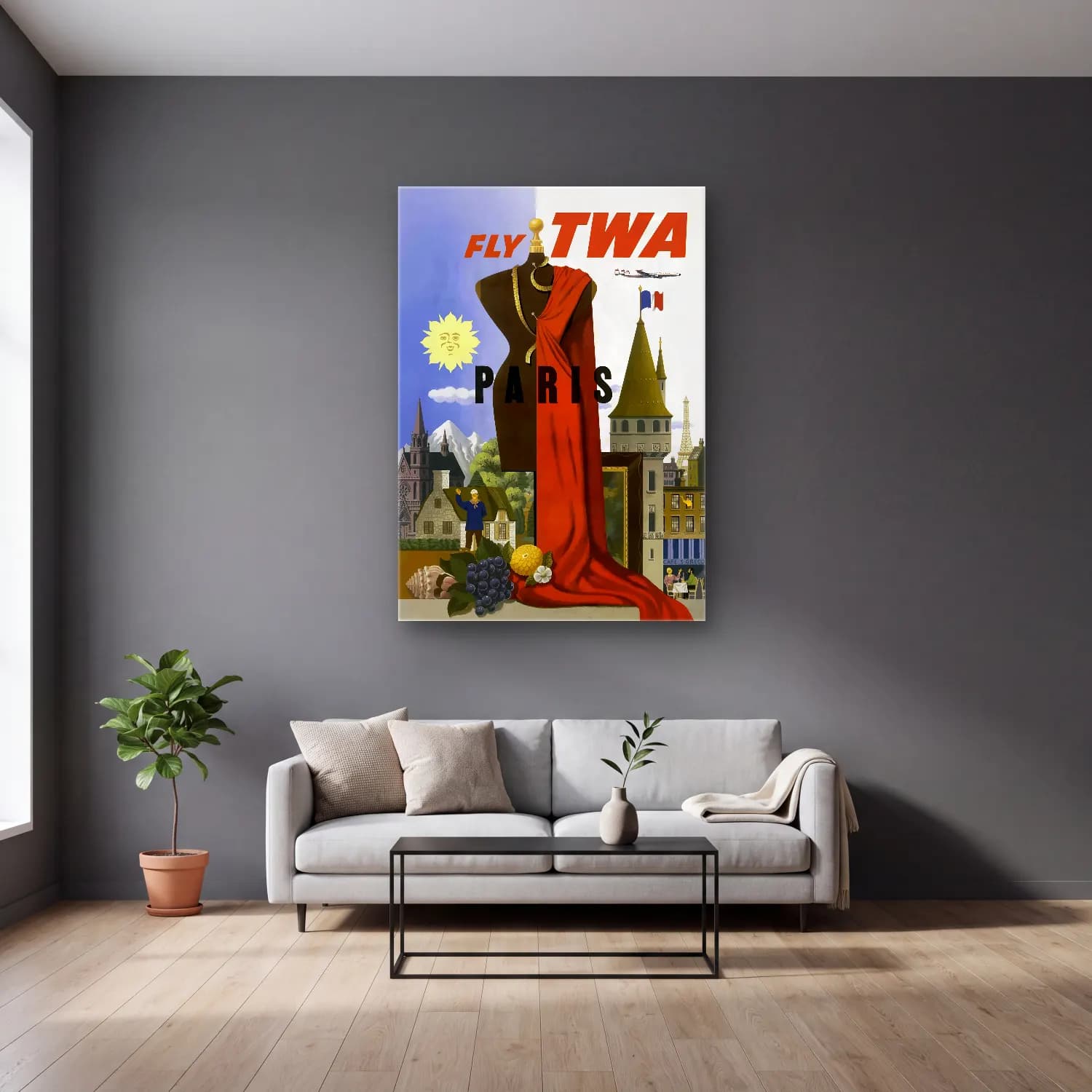 Vintage Poster Paris ve Eyfel Kulesi – Sarı Tonlar cam tablo — gri duvarlı salonda