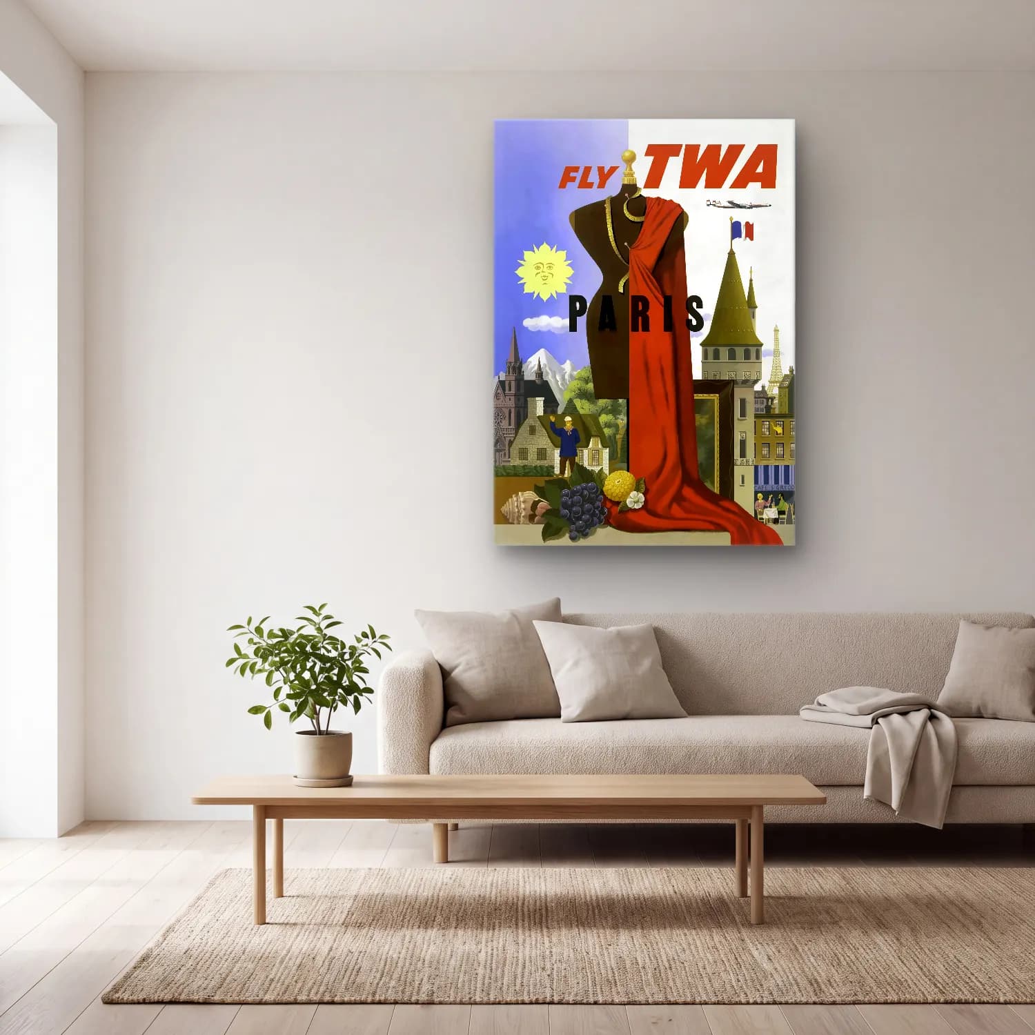 Vintage Poster Paris ve Eyfel Kulesi – Sarı Tonlar cam tablo — açık renk salonda