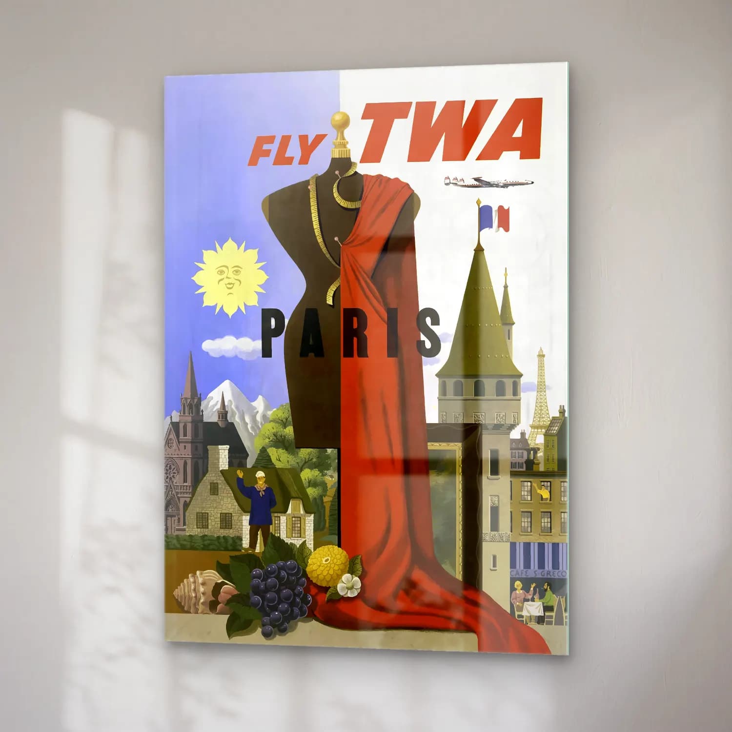 Vintage Poster Paris ve Eyfel Kulesi – Sarı Tonlar cam tablo — sağ açıdan görünüm