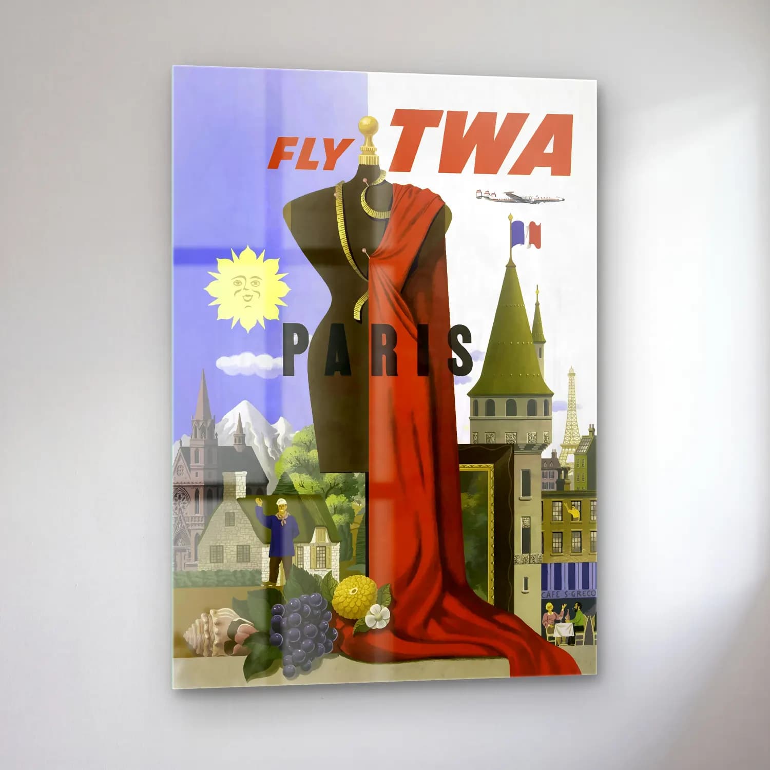 Vintage Poster Paris ve Eyfel Kulesi – Sarı Tonlar cam tablo — sol açıdan görünüm