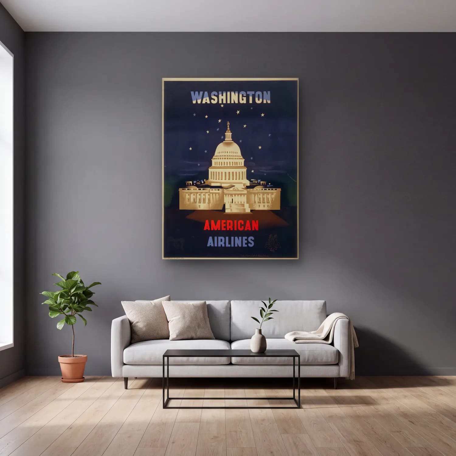 Vintage Poster Gece Şehir No. 14 cam tablo — gri duvarlı salonda