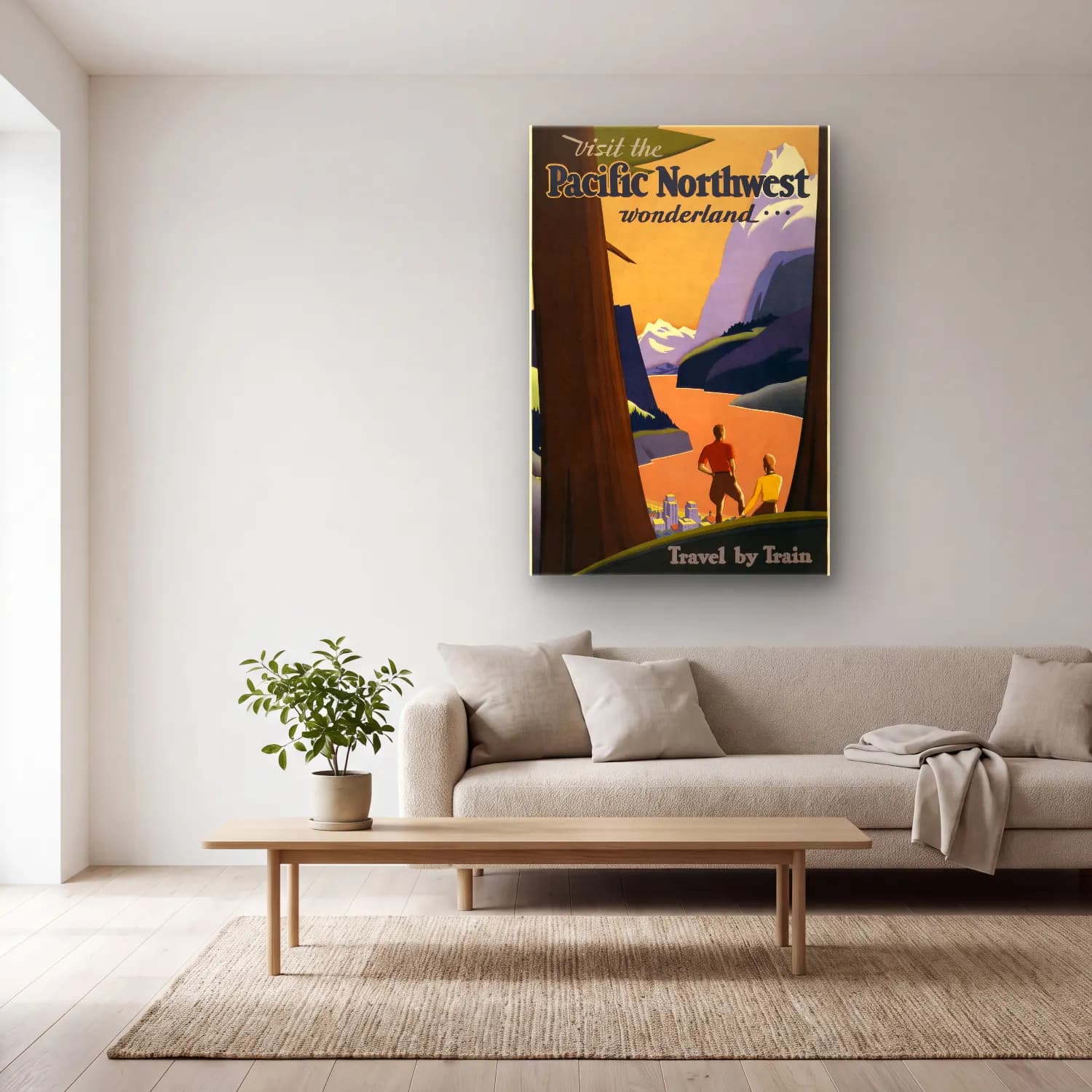 Vintage Poster Göl ve Dağlar No. 11 cam tablo — açık renk salonda