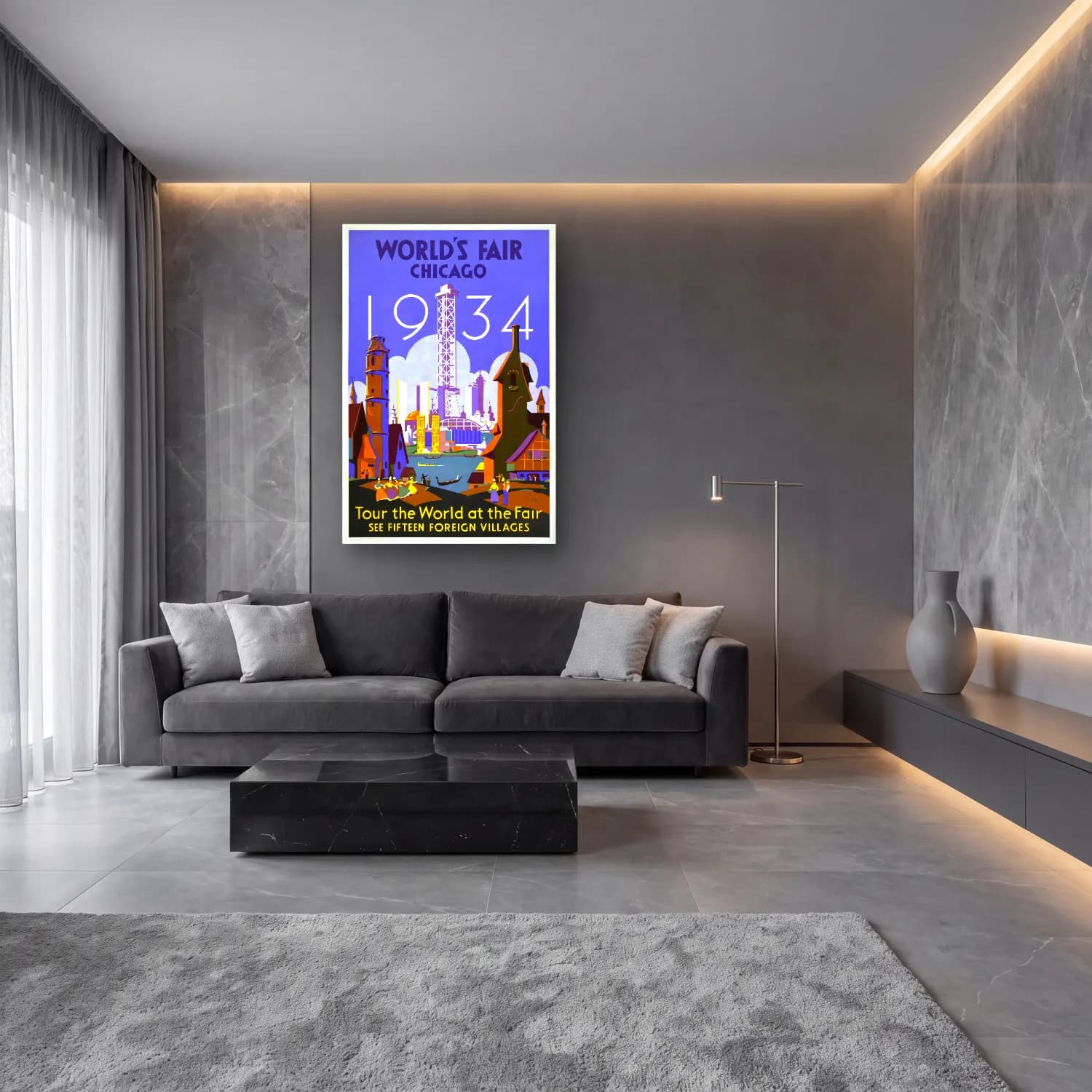 Vintage Poster Londra – Sarı Tonlar cam tablo — lüks salon duvarında